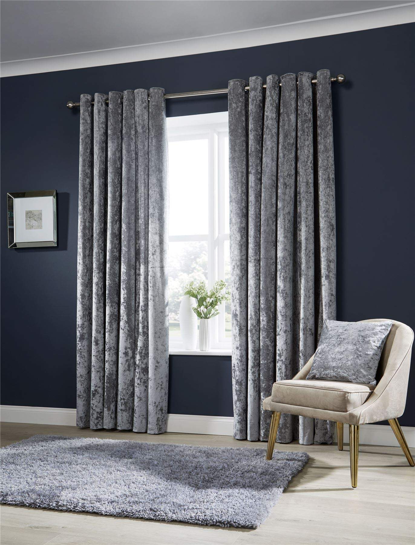Olivia Rocco Crushed Velvet Curtains, Fully Lined Ring Top Eyelet Curtain Pair, 66" (Width) x 54" (Drop), Silver