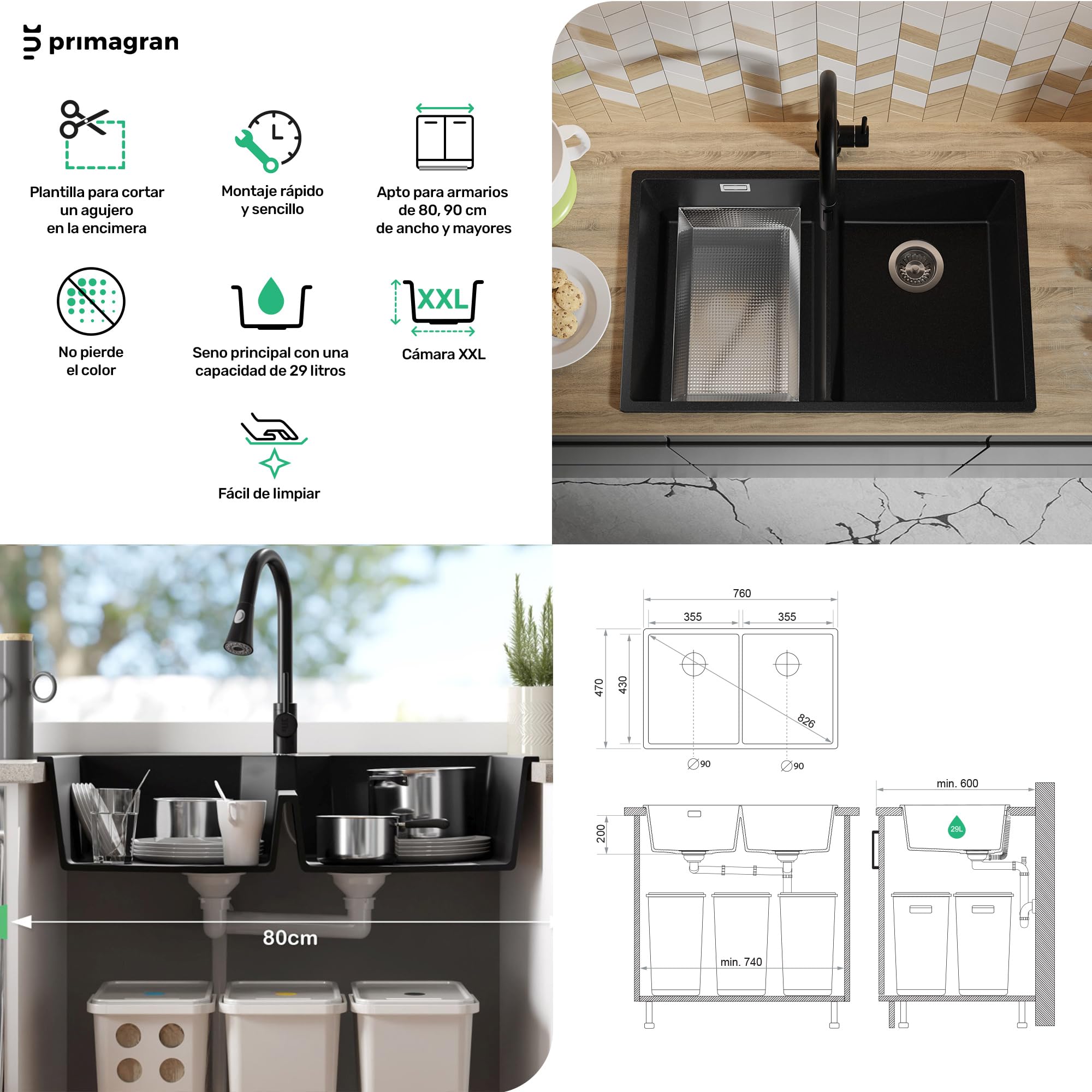 PRIMAGRAN Fregadero Cocina Todo Negro 76x47cm, Granito 2 Senos + Sifón, Sobre Encimera al Mueble 80cm - London Twin Slim S007