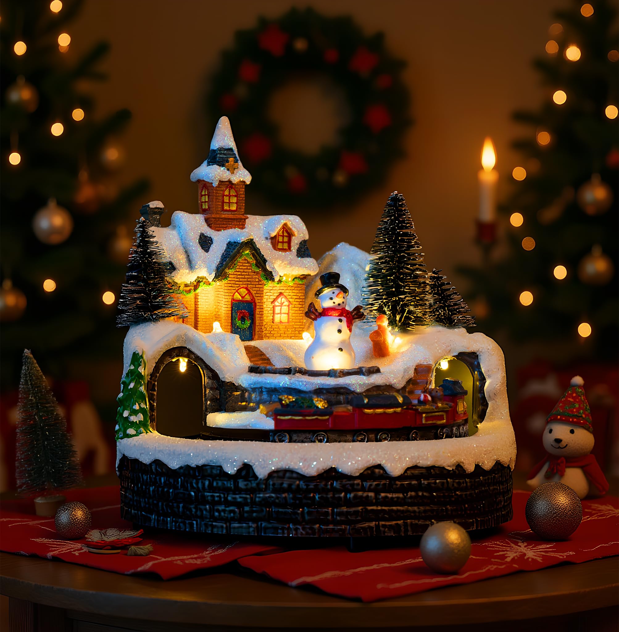 Candieslife Decoraciones musicales animadas de muñeco de nieve de Navidad, tren giratorio con luces cálidas para regalo de decoración de Navidad, adornos decorativos de Navidad de mesa