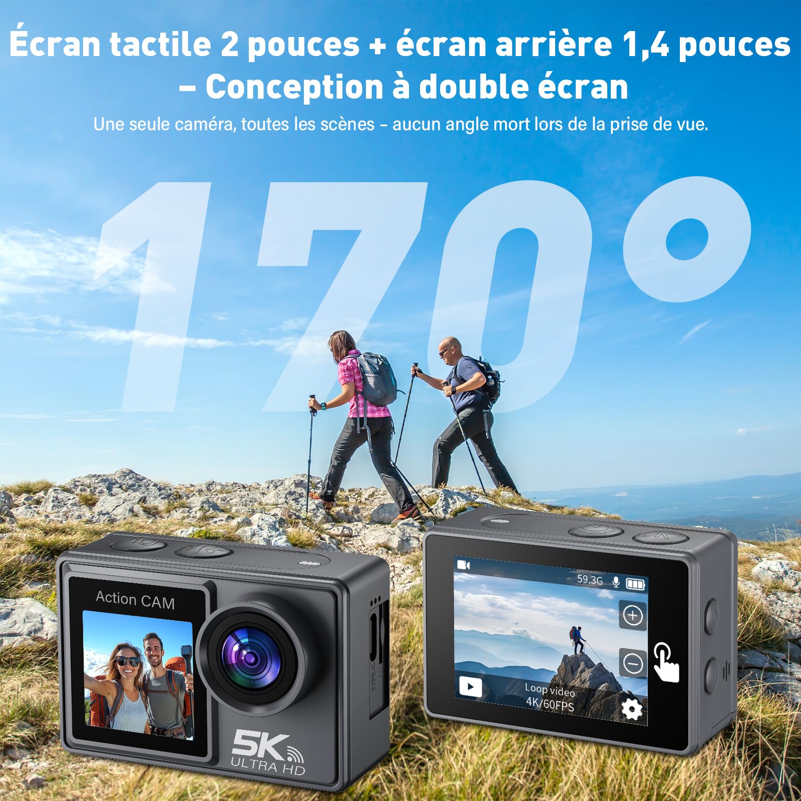 Caméra Sport 5K/4K, 50MP Caméra d'action avec 64GB Carte, 30M/98FT Camera Étanche- Stabilisation EIS, Grand Angle 170°, WiFi Camera Casque Moto, Appareil Photo Étanche pour Plongée, Vlog, Vélo
