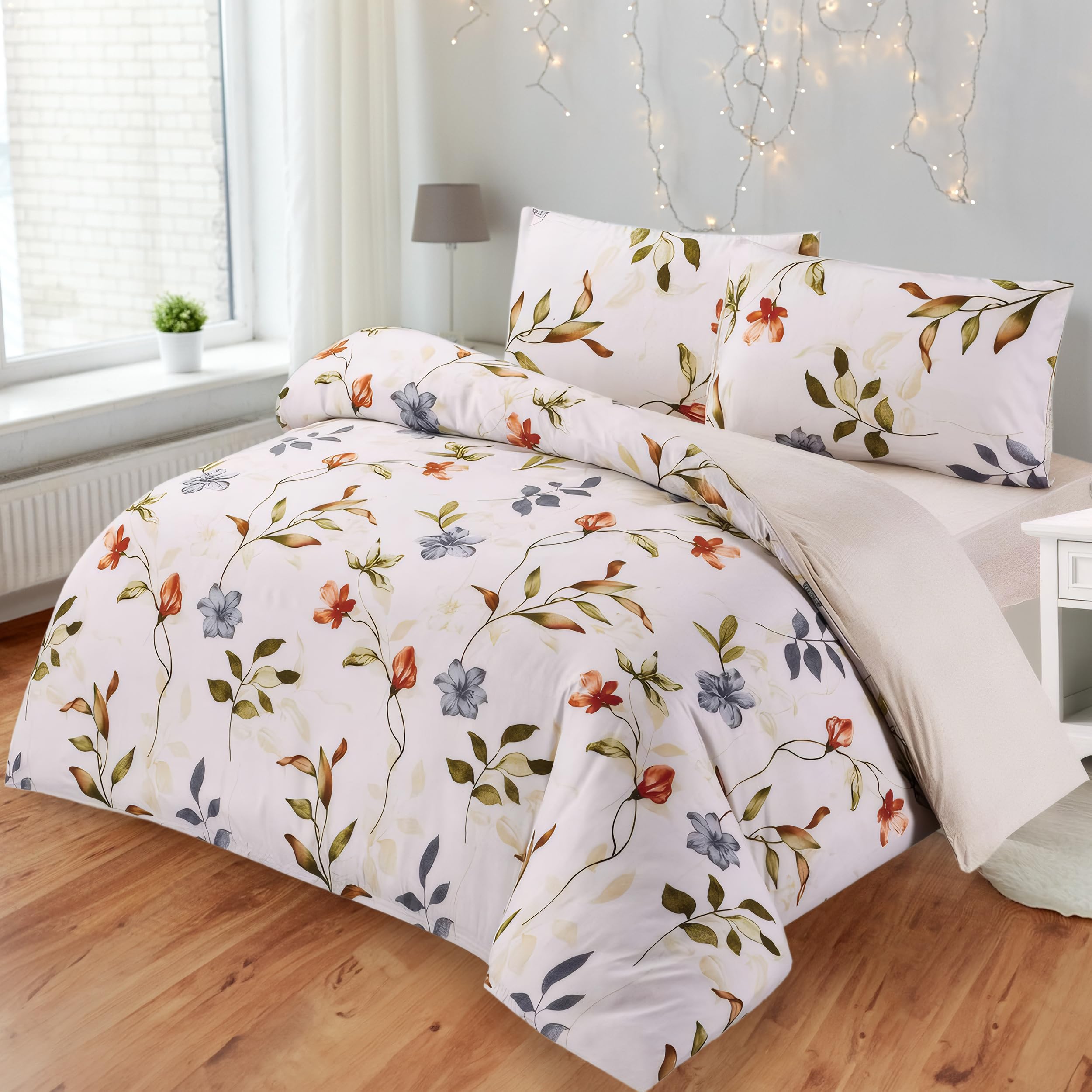 BESCH Juego de Funda Nordica Estampada 4 Piezas de Microfibra para Cama de 135 - Funda Edredon 220x220 cm, Bajera 135x200+30 cm y 2 Fundas Almohada 50x75 cm (Flores Primavera)
