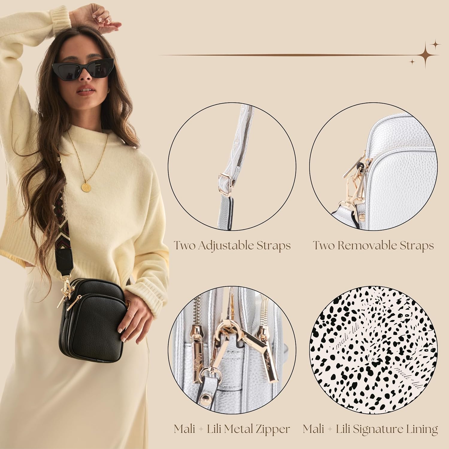 Mali+Lili Small Crossbody Bag for Women, Triple Compartment Shoulder Bag with Double Strap