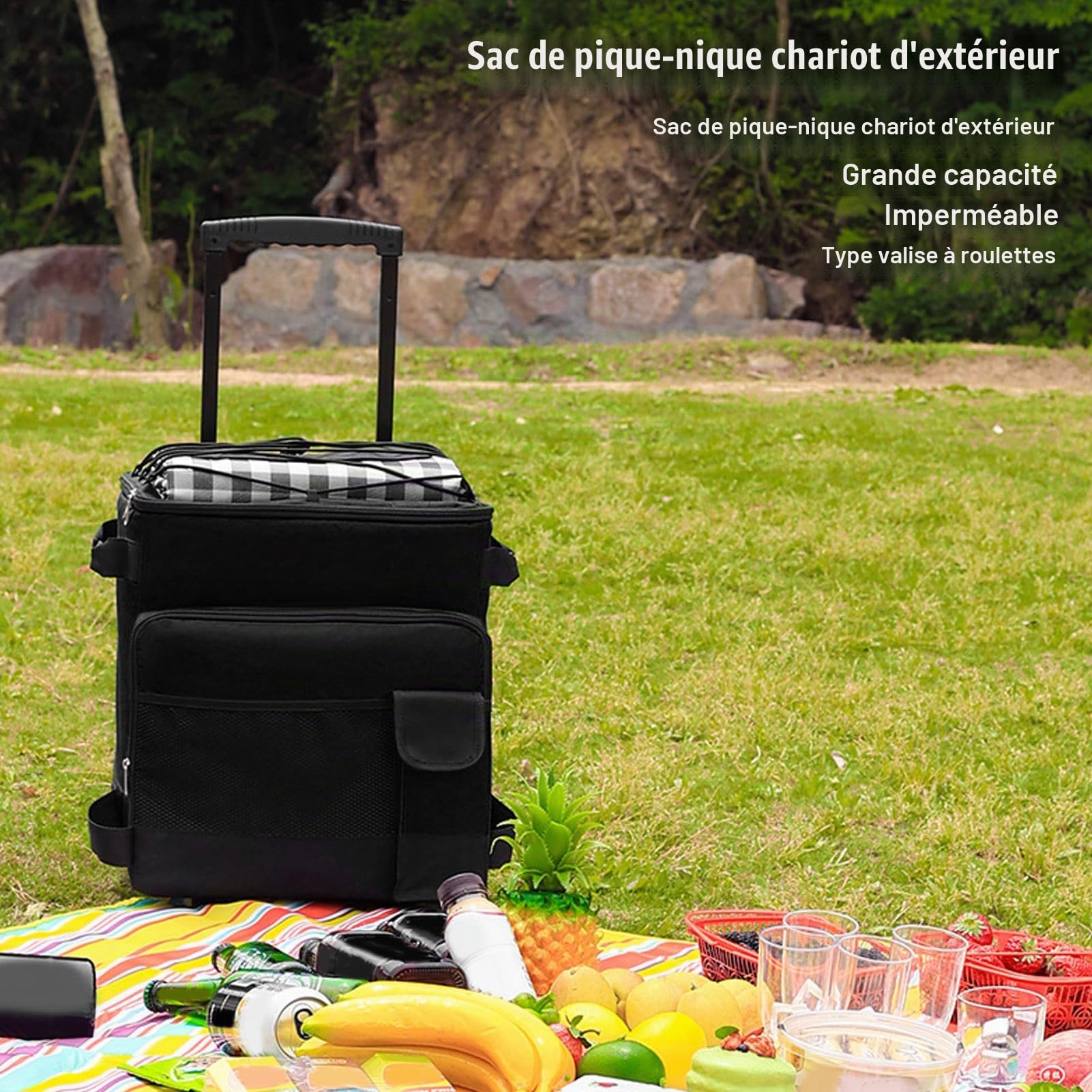 Glacière à roulettes, 43L Sac Isotherme de Pique-Nique, Sac Isotherme étanche avec Poignée DT Double Fermeture éclair, Glacière de Camping, Glacière à roulettes pour Pique-Niques en Plein Air