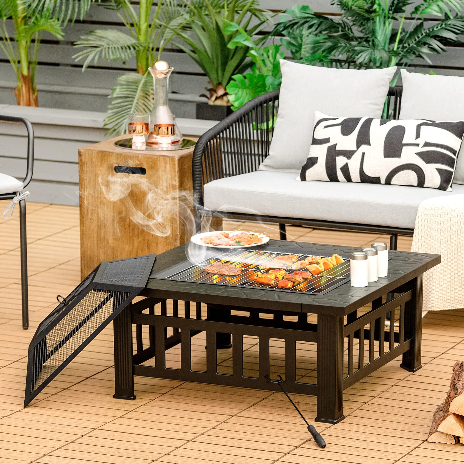 KOMFOTTEU Brasero Exterior 3 en 1, 81 x 81 cm, Mesa para Hoguera con Atizador, Rejilla para Leño, Rejilla para Barbacoa, Pozo de Fuego Metálico con Protección contra Chispas, Picnic Camping, Negro