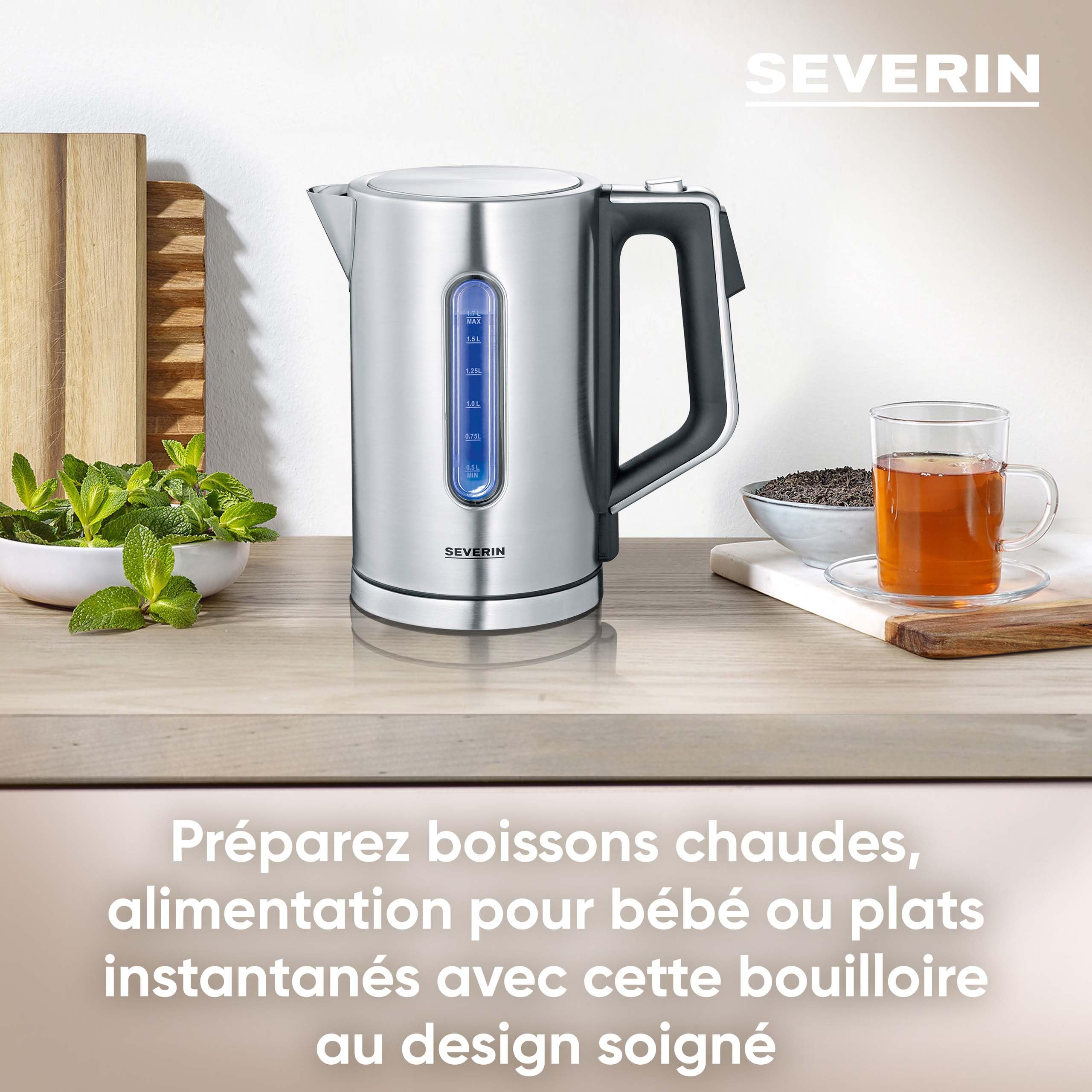 SEVERIN Bouilloire à température réglable, 1,7L, 3 000W, Sans BPA, Niveau D'eau Visible, Affichage LCD, Socle 360°, Inox, WK 3418