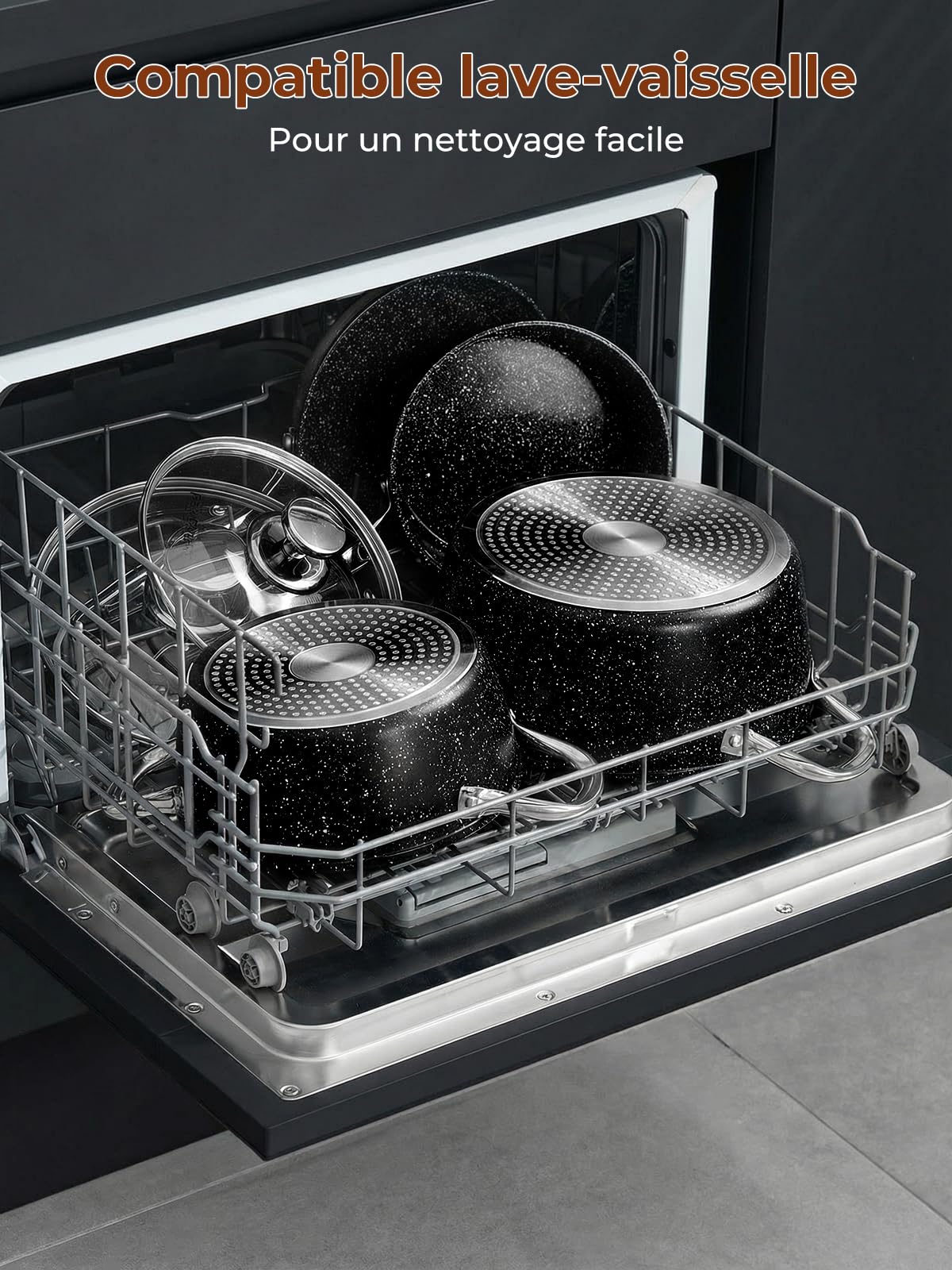 FOHERE Batterie de Cuisine Induction, 17 Pièces Revêtement Antiadhésif | Revêtement Céramique Sets de Poêles et Casseroles avec Couvercle, Aluminium, Noir