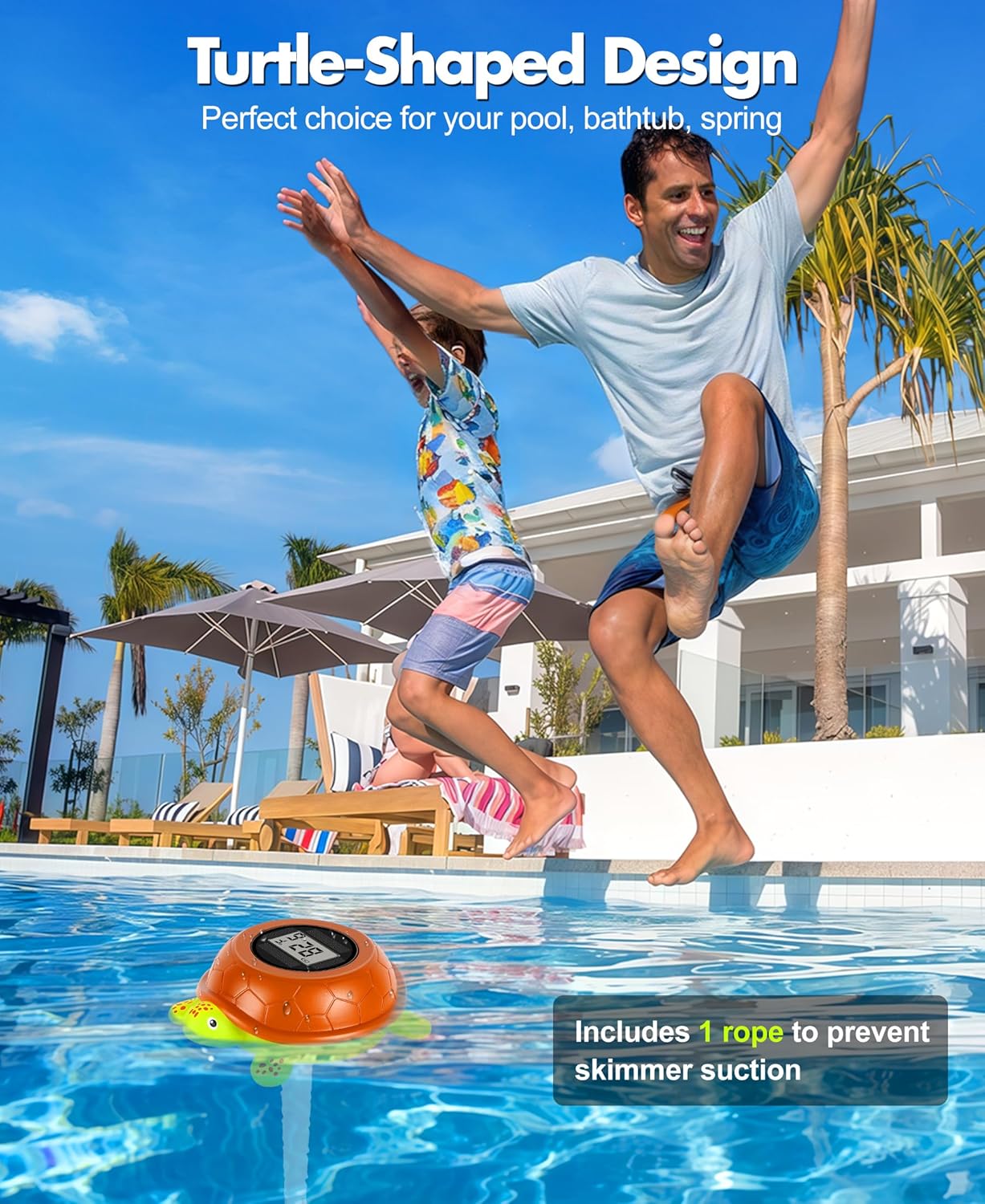 LuxBlue Turtle Floating Pool Thermometer Solar Powered | Ultra-Precise Digital Pool Thermometer with Rope & Large LCD Backlit Screen for Easy Read | Pools Water Temperature Guage for Hot Tub, Spa