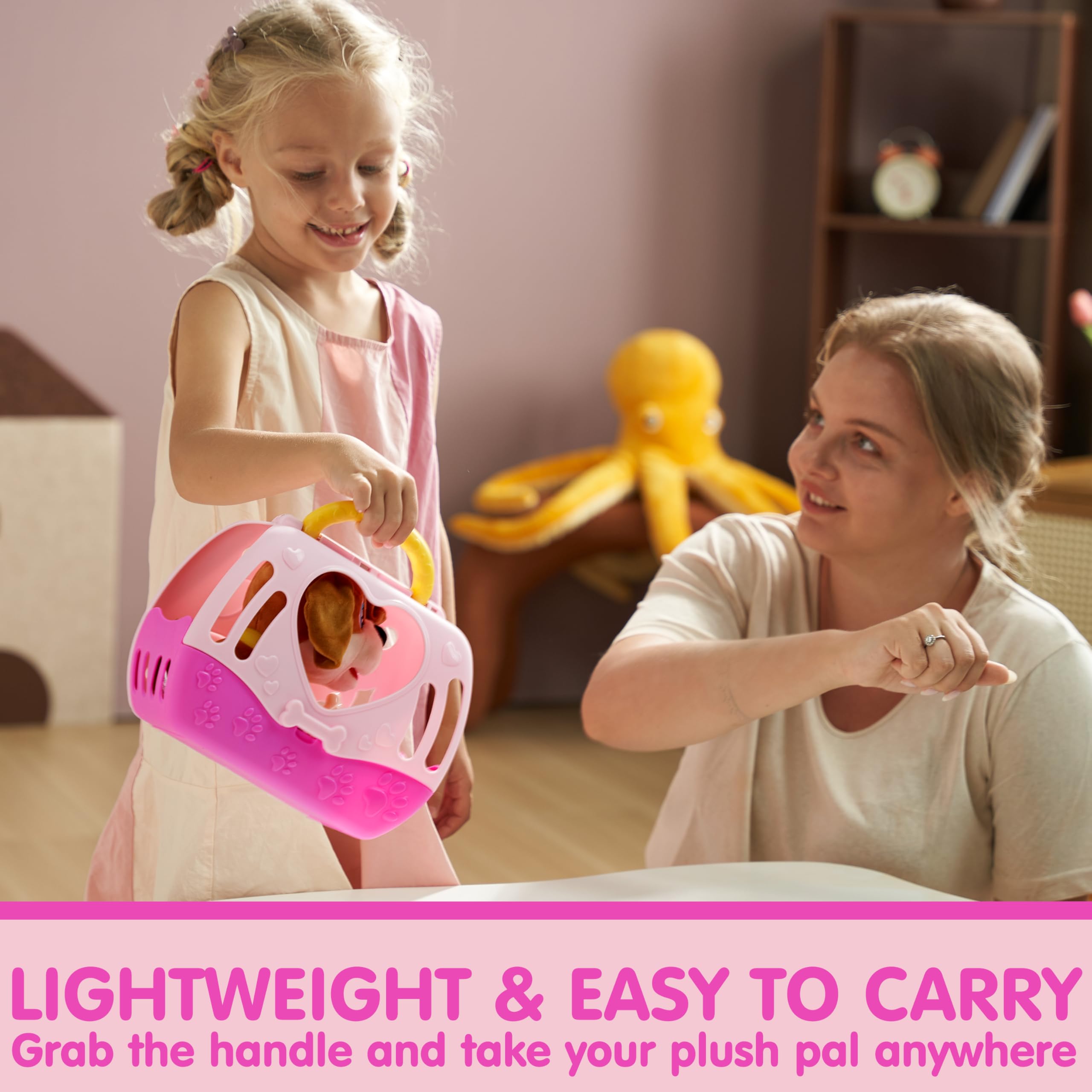 JOYIN Juguetes de peluche para perros para niños, juguete interactivo para cachorros con luces y sonidos, juguetes para el cuidado de mascotas con transportador y accesorios, juego de simulación para