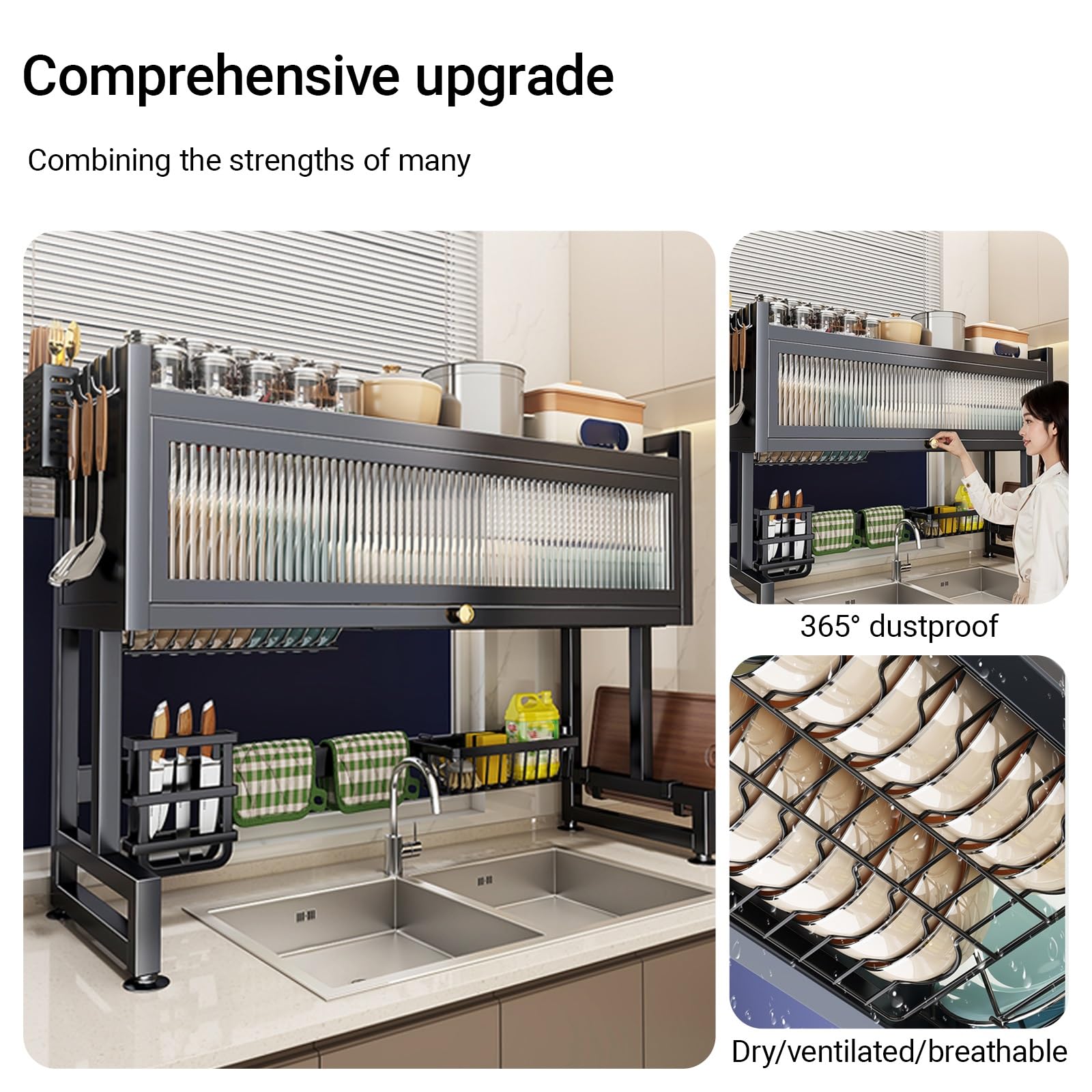 Escurridor de platos sobre fregadero, organizador de cocina de 2 niveles que ahorra espacio con cubierta para platos, vasos, cuencos y cubiertos, versión alta para almacenamiento de cocina