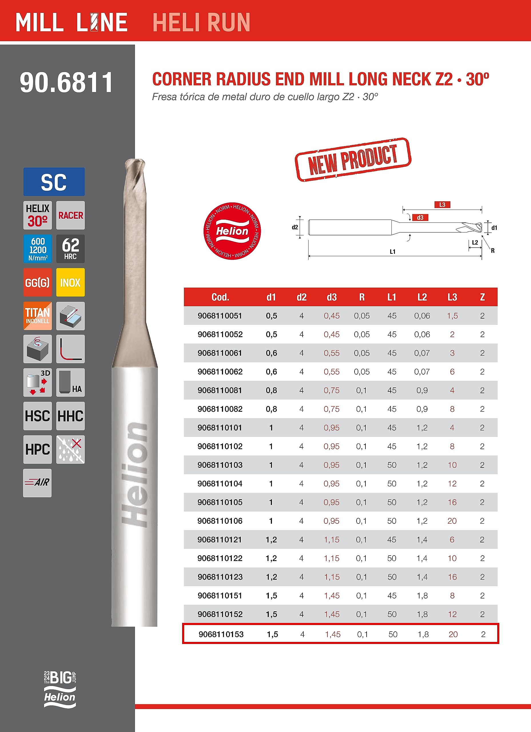 HELION Tools Carbide Bull End Mill Metric, 1.5mm Dia x 0.1mm Corner Radius x 1.8mm LOC x 4mm Shank, 12mm Neck, 50mm Overall Length, 2 Flutes, TiAlN Coated, Rotary Professional CNC Carving Cutter Bits
