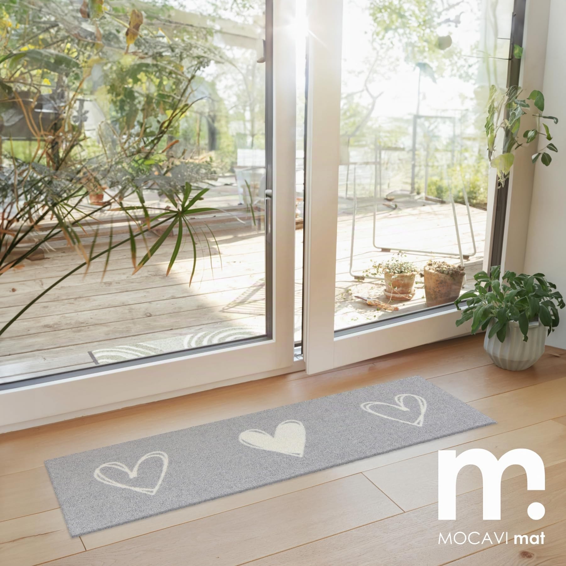 MOCAVI Mat Fußmatte Schuhparkplatz Herzen hell-grau 30x100 cm Schuh-Teppich lang, schmal, Schuhe ausziehen, Deko sbereich innen, außen, Matte, Haustür, Stiefelmatte
