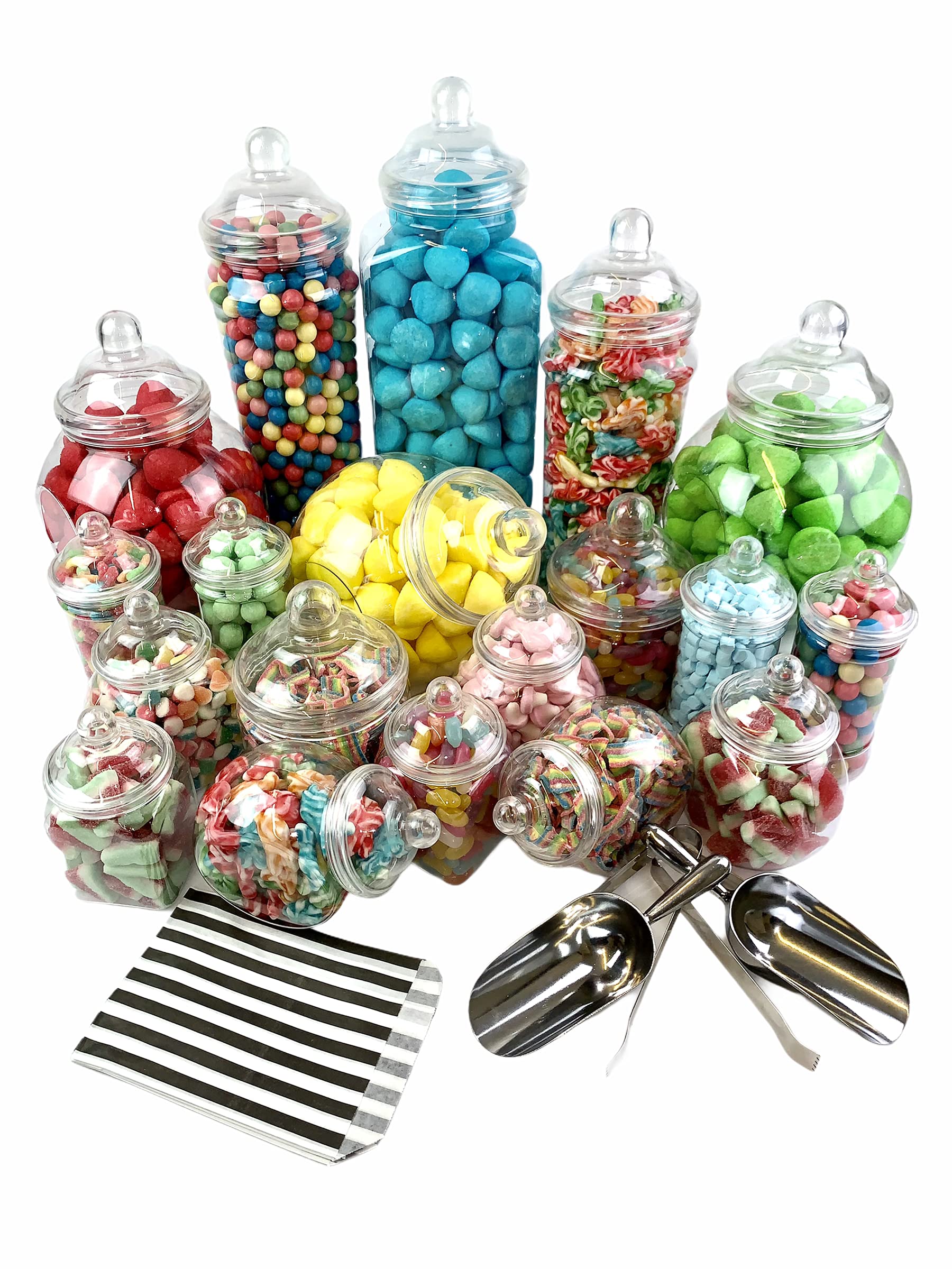 19 Empty Jars Vintage Victorian Pick & Mix Sweet Shop Candy Buffet Kit Party Pack - 2x Scoop 2x Tongs 100x Black Stripe Bags