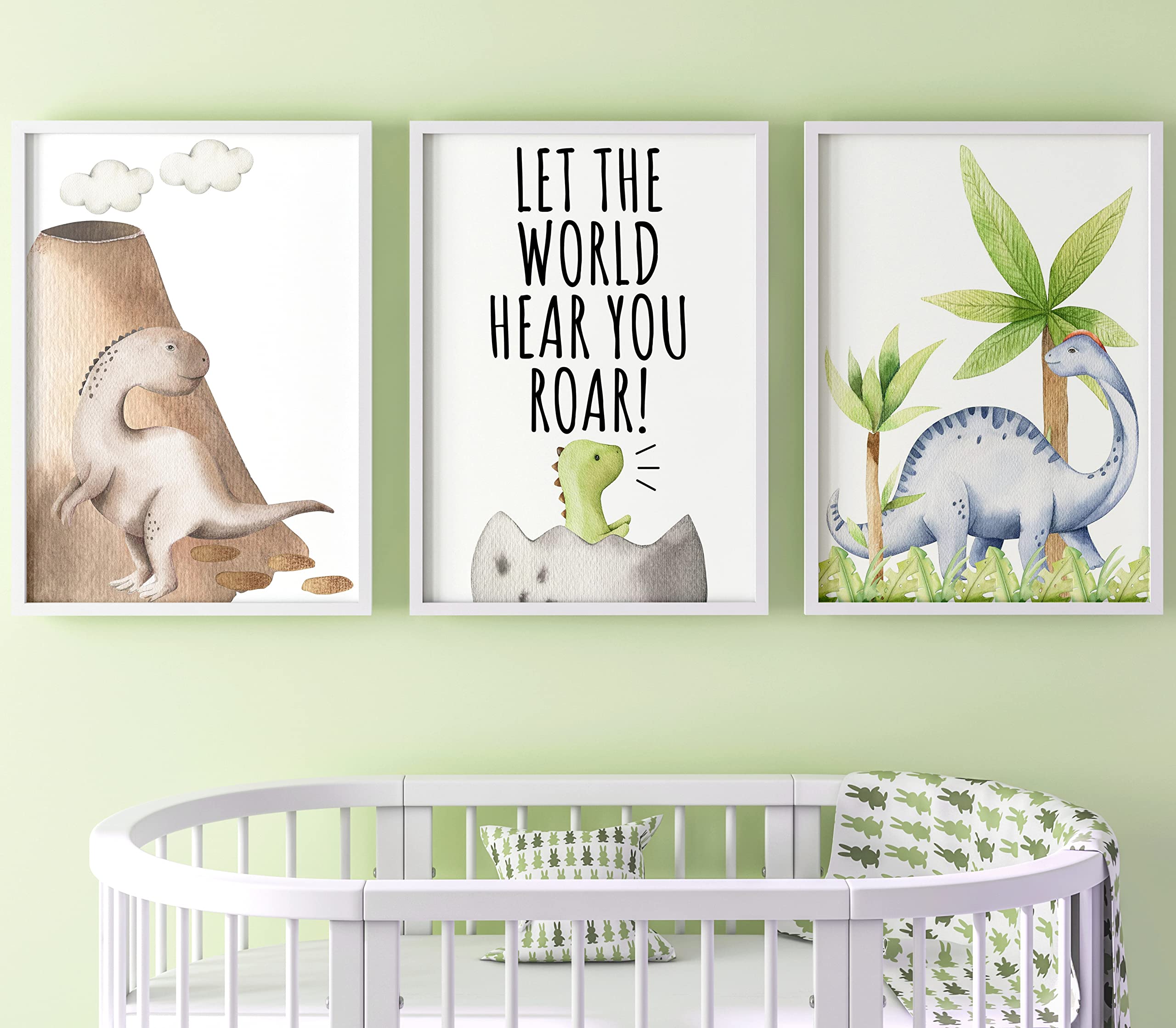 Unframed Dinosaur Poster Set of 3 for Baby Boy or Girl Nursery Wall Art for Bedroom Let the World Hear You Roar (A4)