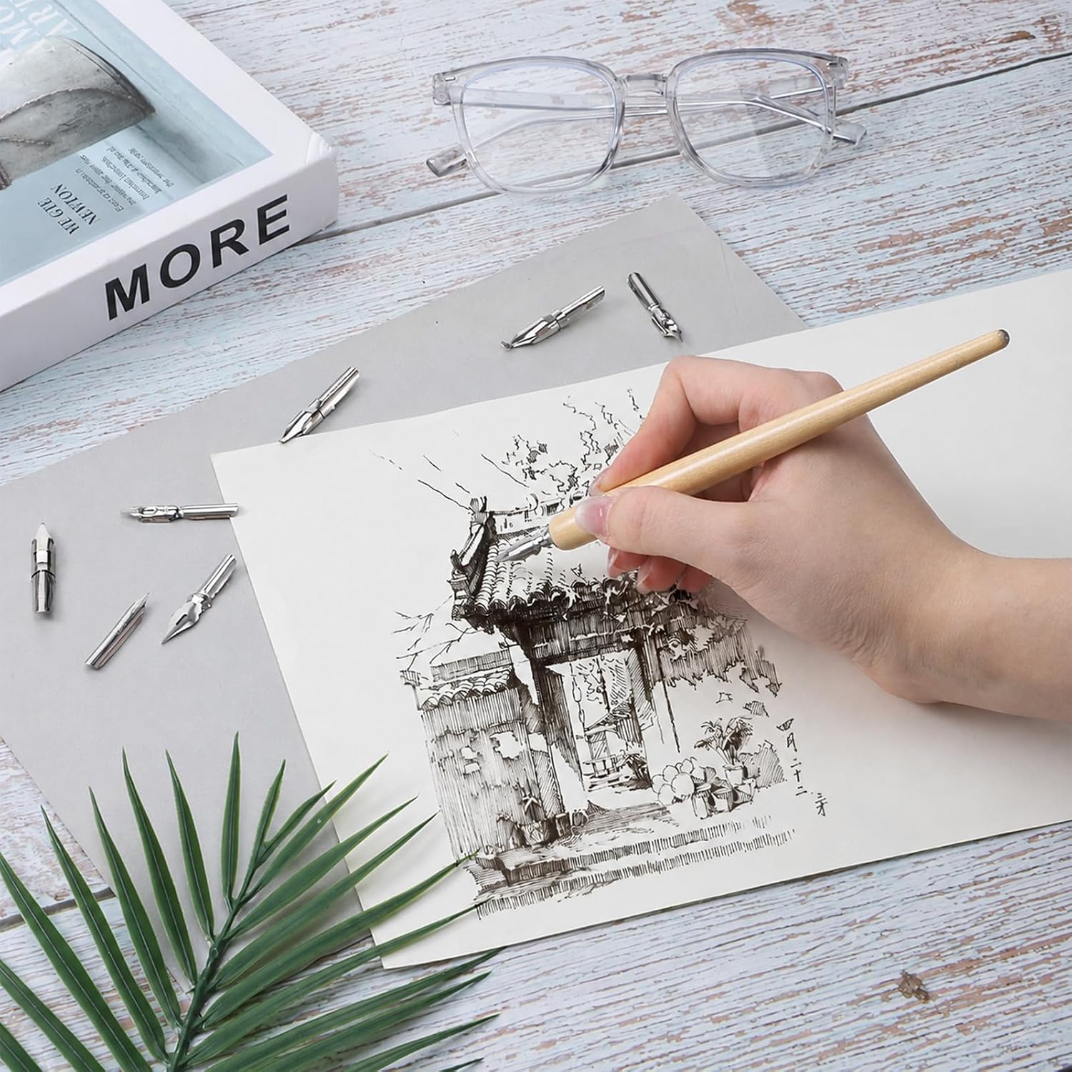 Styquenzer Dip Pen Nibs with Wooden Drawing Pens Holder 10 Pcs