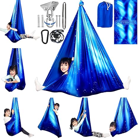 Double Layer Sensory Swing for Kids & Adults Holds up to 300lbs Indoor and Outdoor Therapy Cuddle Swing with 360° Swivel Hanger Kit Adjustable with Aspergers Autism ADHD (Star Blue)
