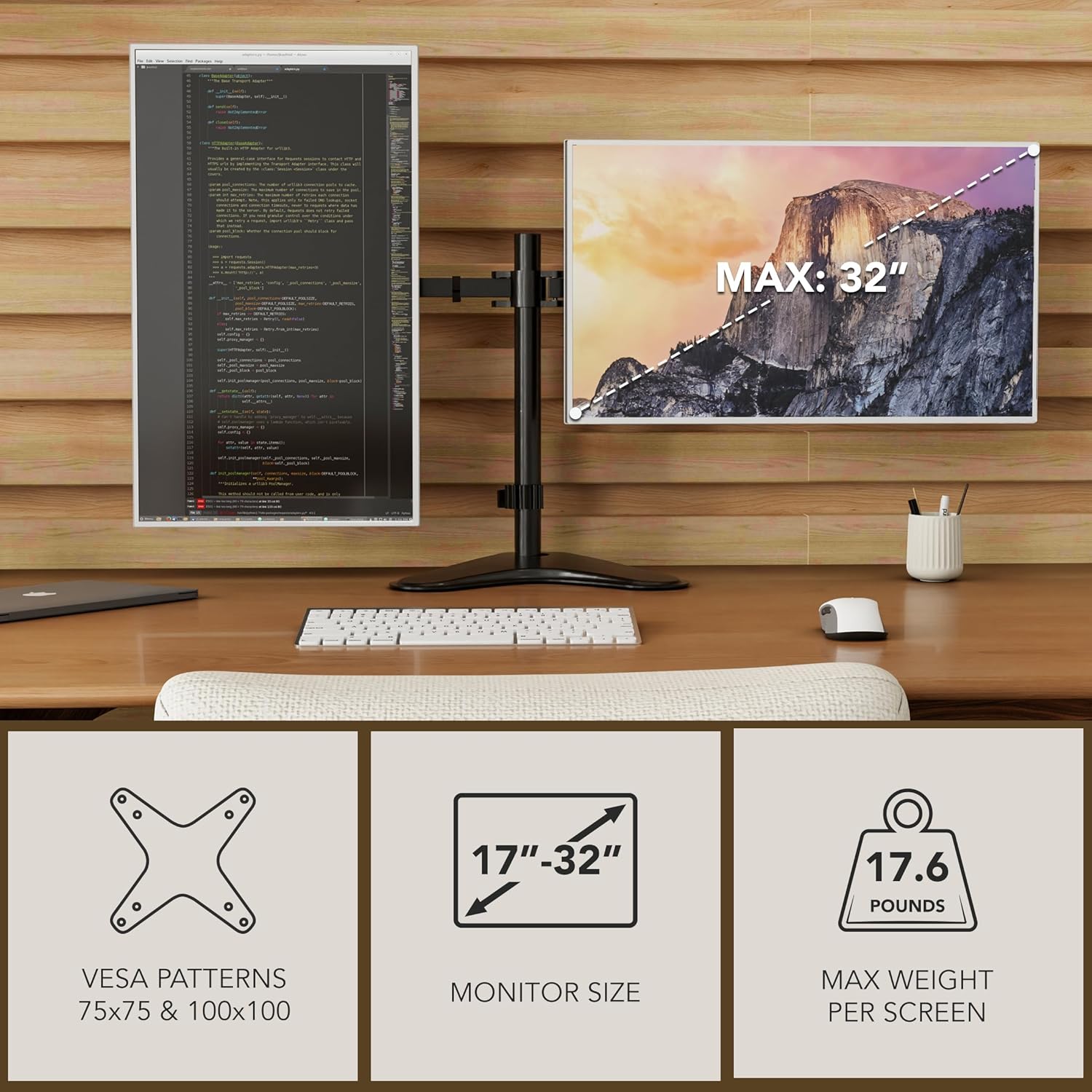 Mount-It! Dual Monitor Stand, Premium Adjustable Desk Mount for Two 13–32 Inch Screens up to 17 lbs Each, Full Motion Swivel Tilt Rotate Height Adjustable Arms, VESA 75x75 100x100, Steel Base