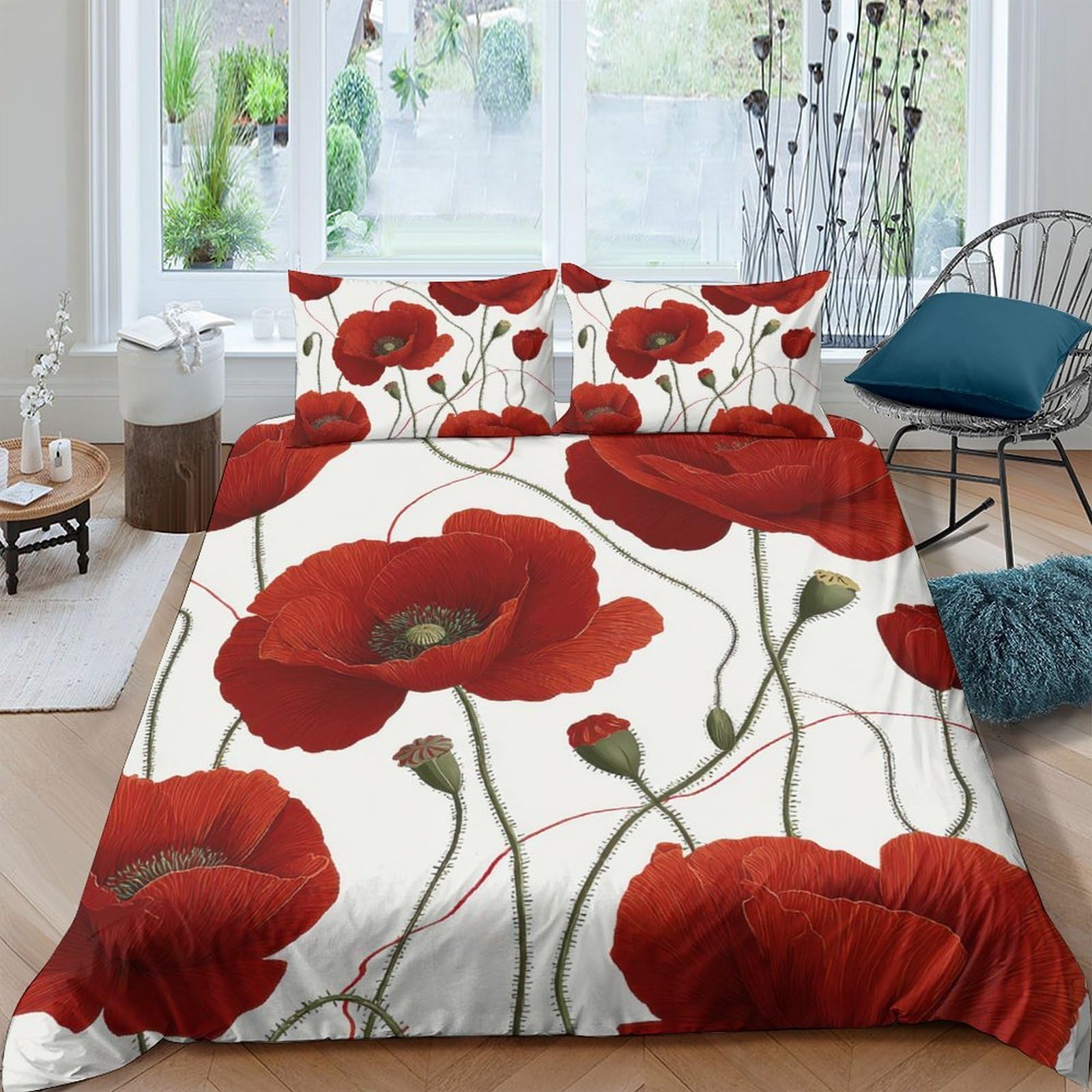 GPLZQXKJNH 3D Printed Red Poppy Flower Duvet Cover Microfiber Soft Breathable Botanical Bedding Set with 2 Pillowcases for Bedroom Decor Single（135x200cm）