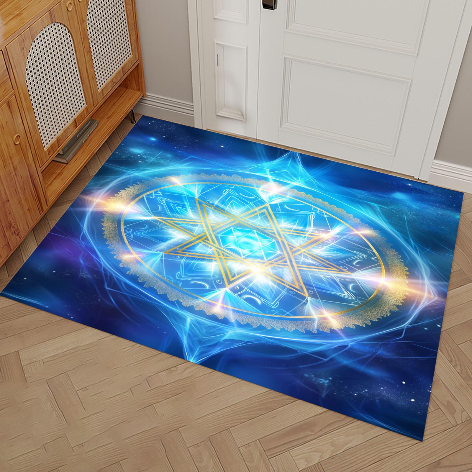 Tapis d'entrée doux pour chien et couloir bleu géométrique