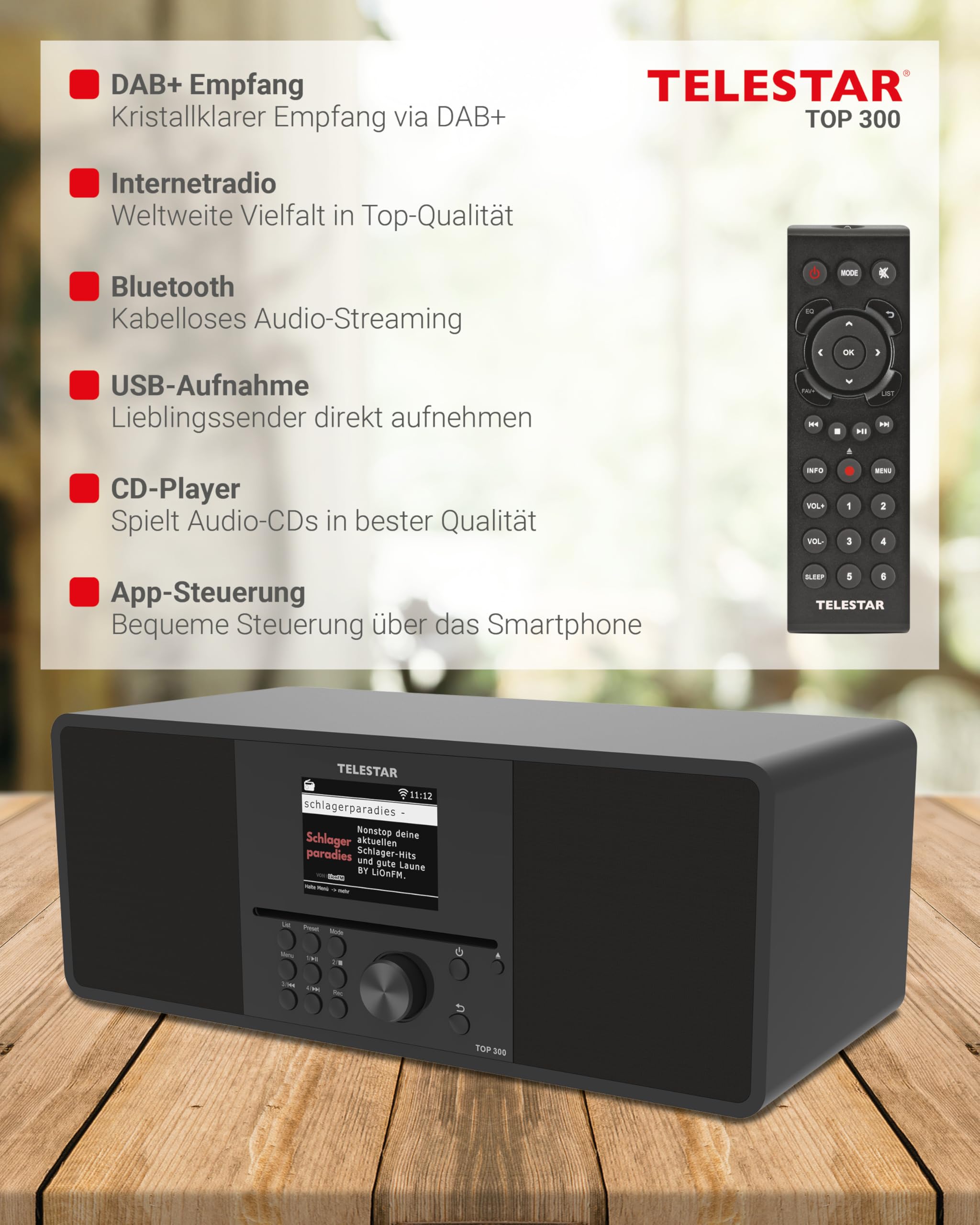 TELESTAR TOP 300 – DAB+/Internetradio mit CD-Player, Stereo – Schwarz | 2 × 15 W, Streamingdienste, Bluetooth Audio-Streaming & Sendefunktion, USB-Recording, Notfallwarnsystem
