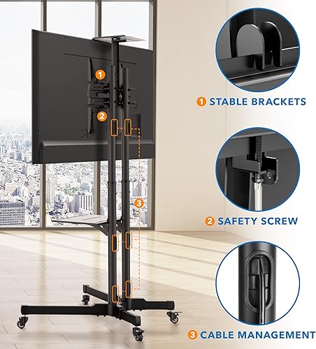 Miniatura 4 de Mount-It! Carrito de TV móvil para pantallas de 37 a 70 pulgadas, soporte de TV con ruedas de altura ajustable con estante y ruedas de bloqueo,