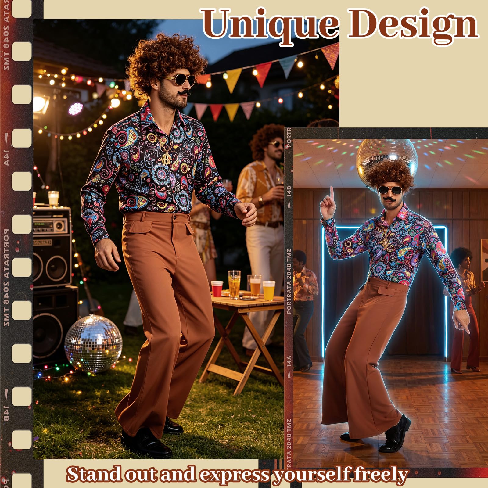 70er Jahre Disco Kostüm Herren, 7 Stücks 60s 70s Hippie Set