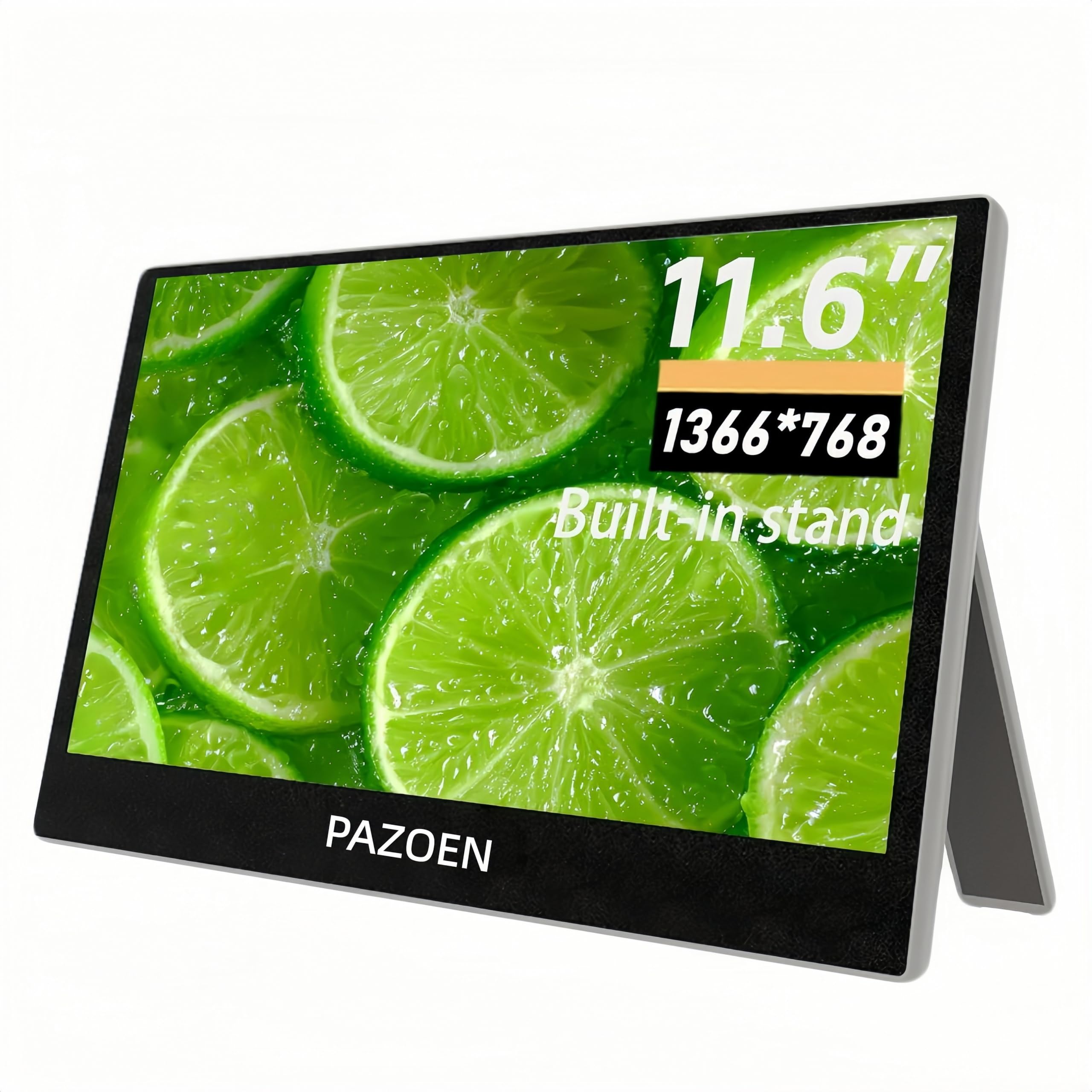 PAZOEN モバイルディスプレイ11.6インチ 1366x768p HD 16:9画像比 非光沢パネル 薄型 軽量 サブモニター 小型モニター 隠しブラケット 内蔵スピーカー VESA対応 USB Type-C/Mini HDMI ポート PS4/PS5/XBOX/Switch/PC/Mac などに対応,学生、在宅勤務、ゲーマーに最適
