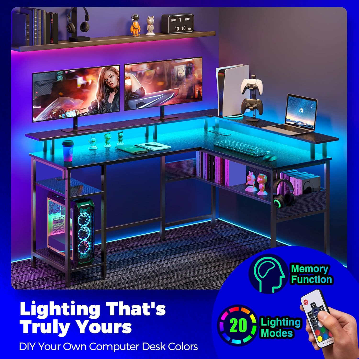 Rolanstar Computer Desk L Shaped 56.7" with LED Lights & Power Outlets, Reversible L Shaped Gaming Desk with Monitor Stand, Office Desk with Storage, Writing Desk with USB Port & Hook, Black - Image 4