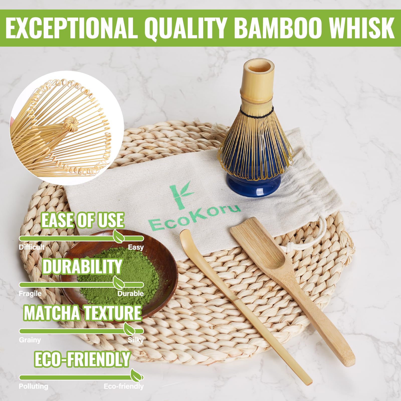 Set Té Matcha | Kit Tradicional 4 Piezas con Batidor de Bambú Natural (100 Puntas), Soporte Cerámico Azul Marino, Chashaku, Espátula y Bolsa de Lino Ecológica