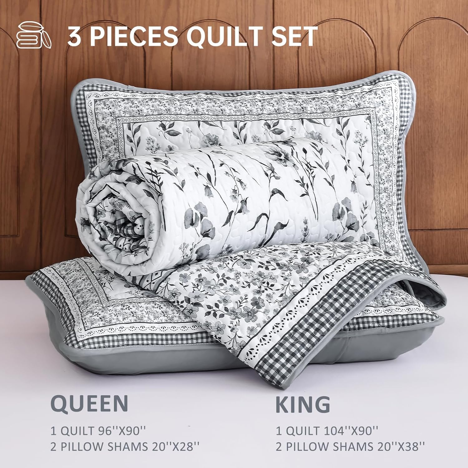 WONGS BEDDING Floral Quilt Set King Size,Grey Bedspread Set with 2 Pillowcases, Microfiber Lightweight Flowers Botanical Coverlet Sets Farmhouse Bed Cover Bedding Sets for All Seasons (104"x90")