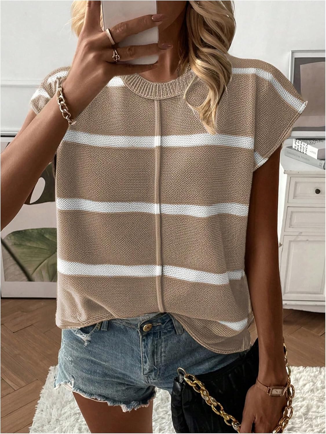 SOLY HUX Women's Striped Sweater Vest Cap Sleeve Crew Neck Casual Knit Pullover Tops - Image 5