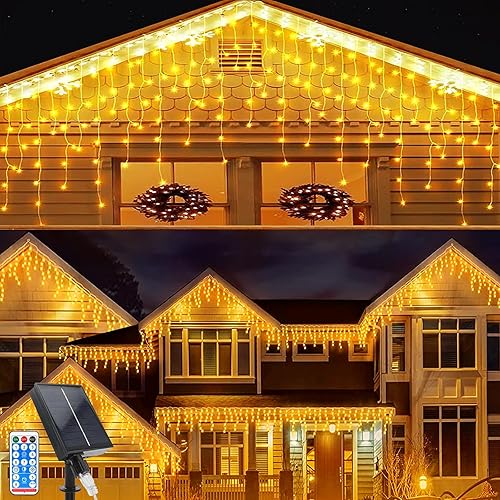 Guirnalda de luces solares para exteriores, 26 pies, 264 LED, luces de carámbano de Navidad con 44 gotas, control remoto, IP65 impermeable, 8 modos