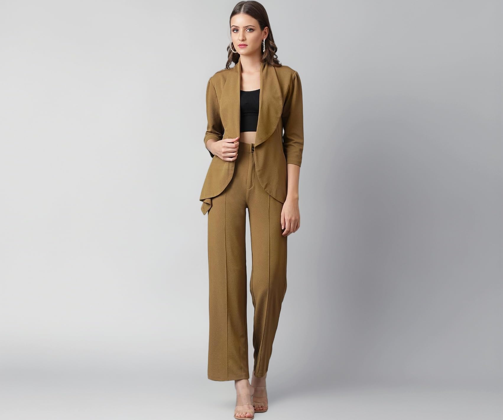 Women's Solid Relaxed Fit 3/4 Sleeve Co-ord Blazer and Trouser Set.