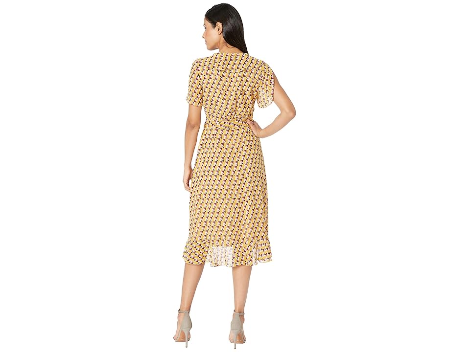 

Donna Morgan 3/4 Tie Sleeve Geo Printed Wrap Dress (Flax Yellow/Retro Rose Multi) Women's Dress