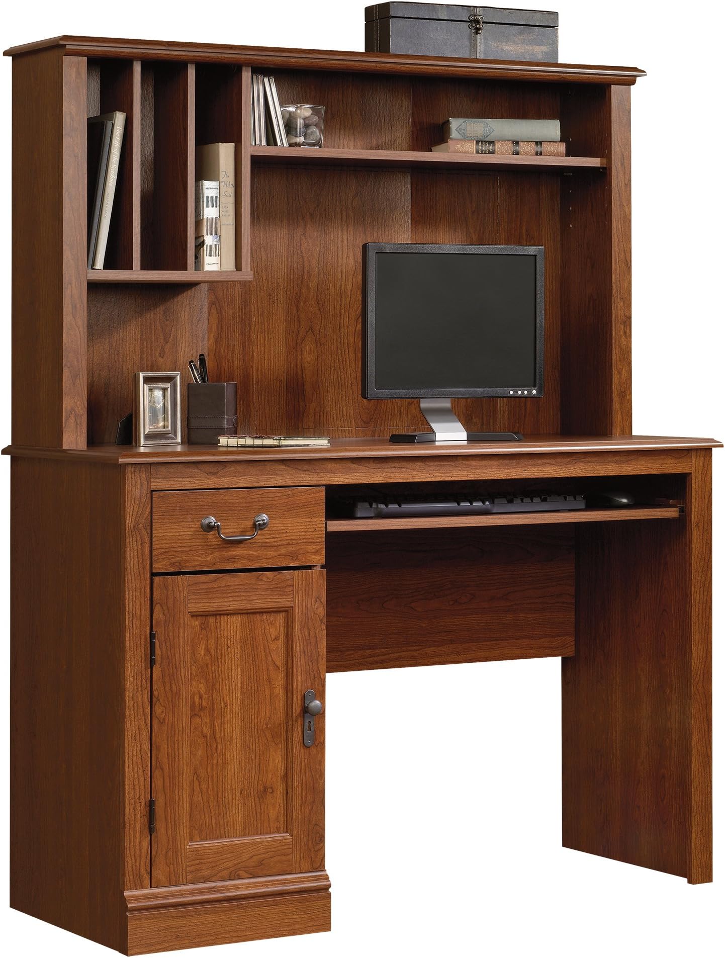 Sauder Camden County Computer Desk With Hutch, Planked Cherry finish