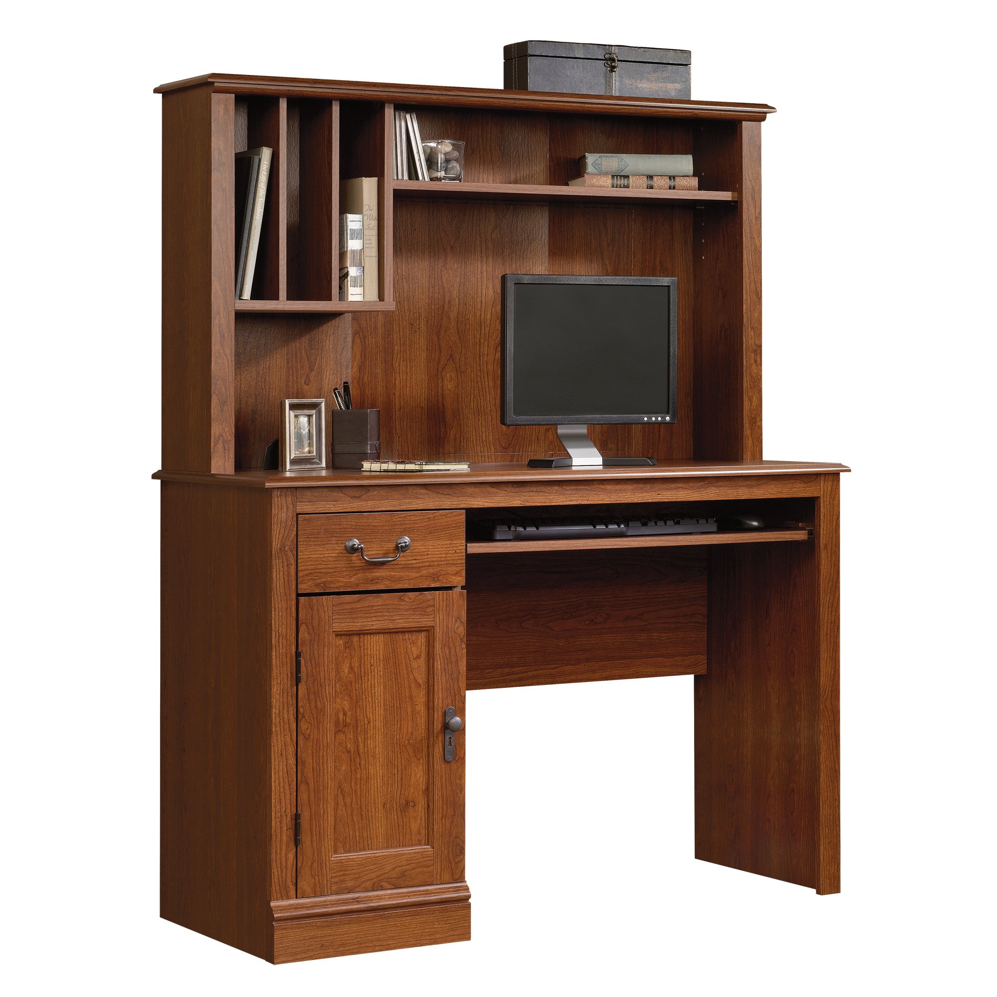 Sauder Camden County Computer Desk With Hutch, Planked Cherry finish