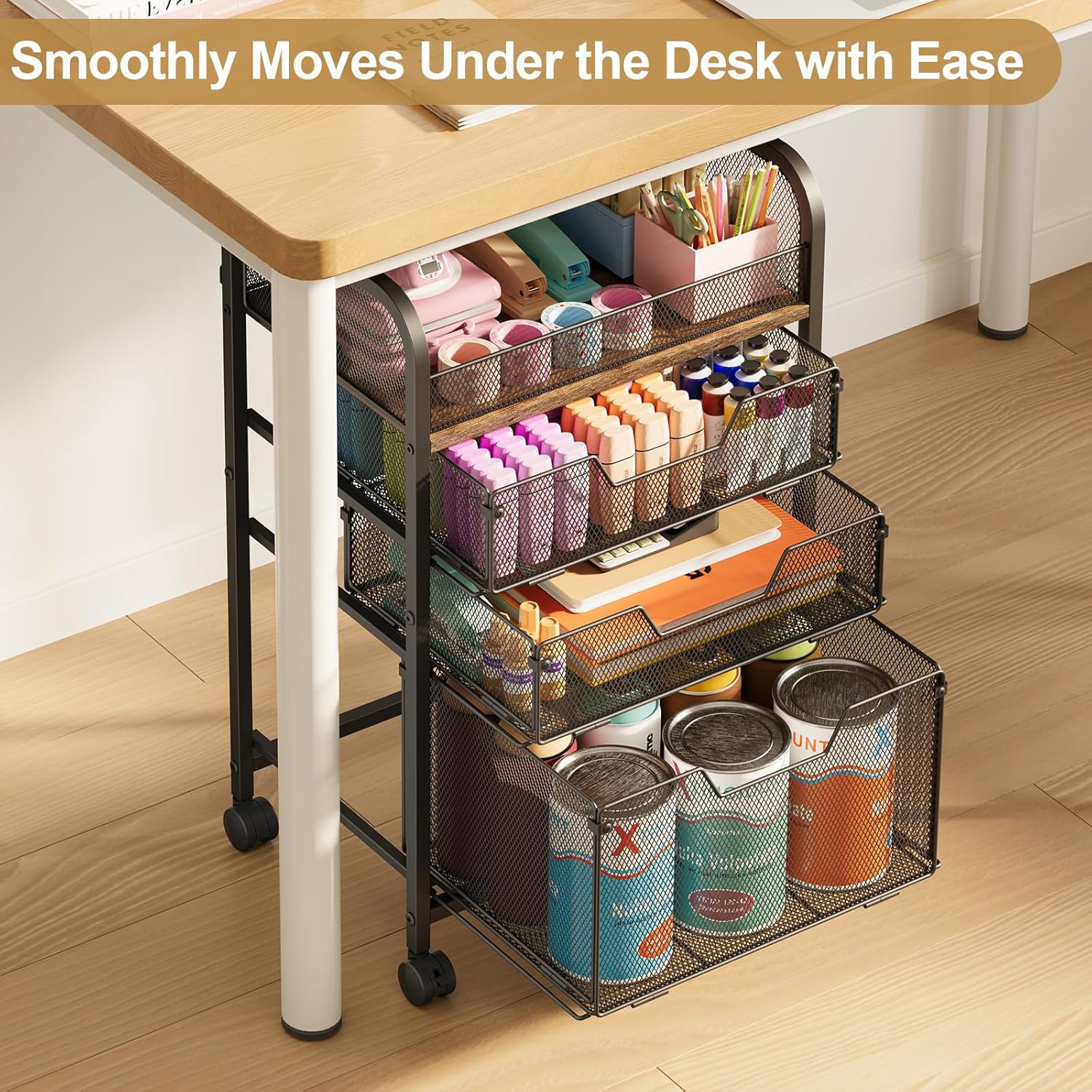 4-Tier Rolling Utility Cart with 3 Drawers-Craft Organizers and Storage with 360° Lockable Wheels,Art Supply Storage Organizer for Art Supplies, Store for Brushes & Paints & Artifacts Patent Pending - Image 3