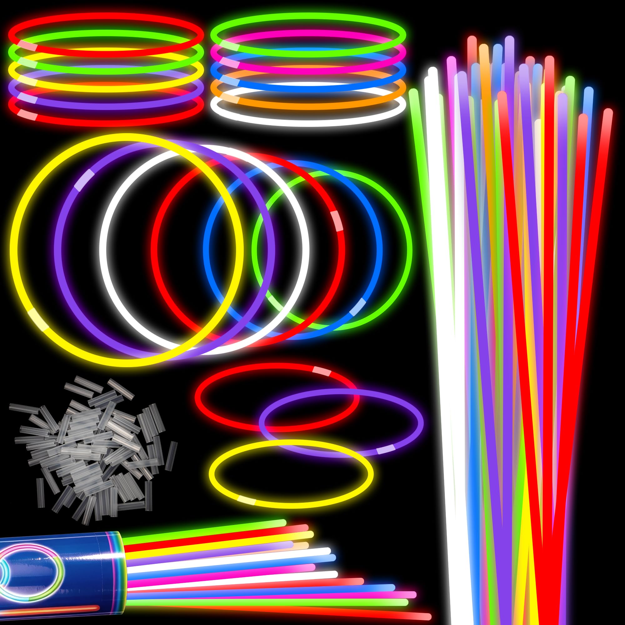 100 Stück, 55,9 cm, bunt, ultrahelle Leuchtstäbe, Großpackung, 8 Farben, extra lang, leuchtet im Dunkeln, Partyzubehör, ultrahelle Leuchtarmbänder und Halsketten, Leuchtstäbe für Halloween, Geburtstag