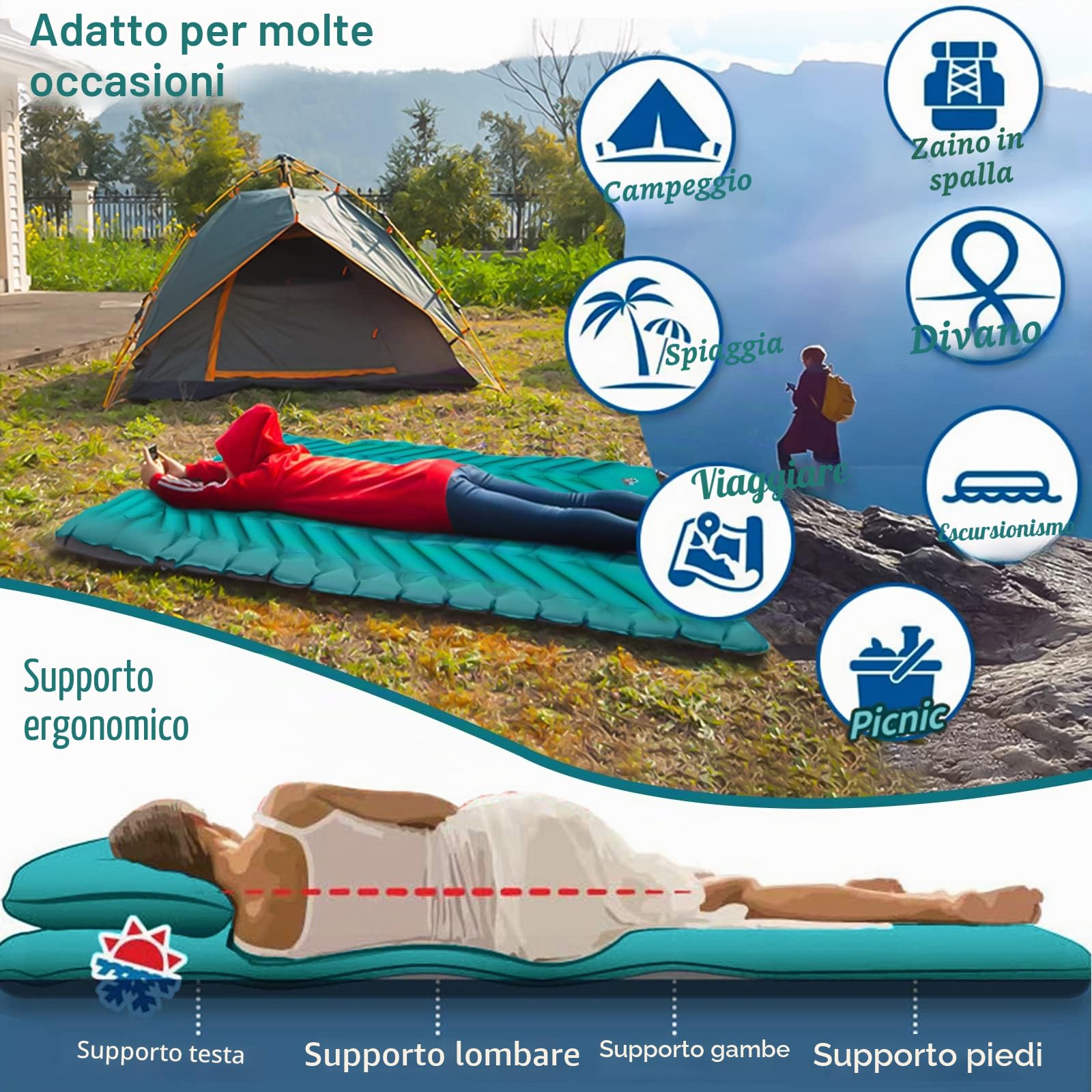 Materassino Campeggio Autogonfiabile, Materassino Gonfiabile Impermeabile, con Pompa Incorporata, 9cm Spessore per Backpacking,Viaggio,Campeggio,Spiaggia,All'aperto & Interno