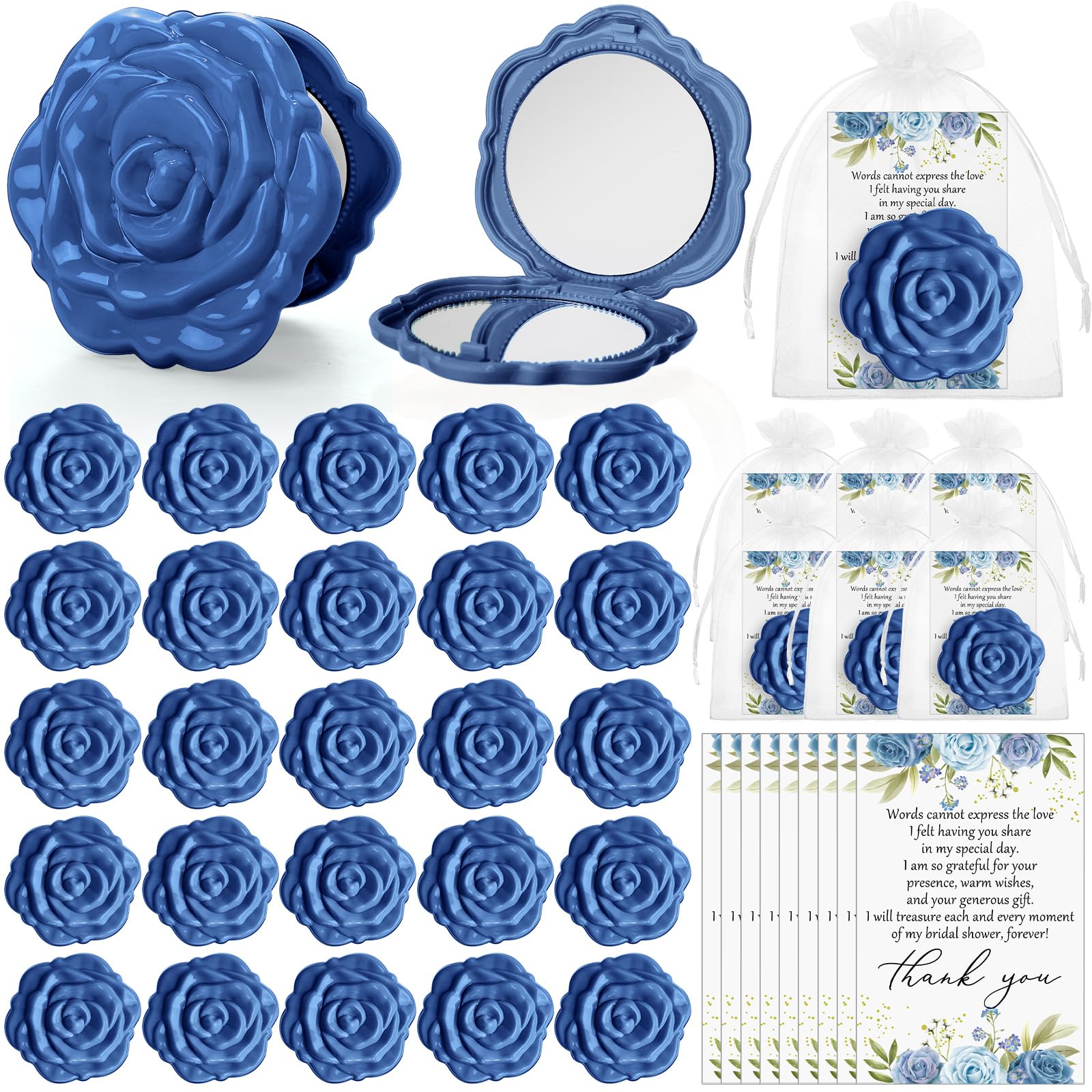 50 Sets Bridal Shower Party Favors for Guests Small Rose Compact Mirror Bulk Wedding Favors Thank You Cards and Organza Bags Wedding Party Guests Souvenir Gift (Blue)