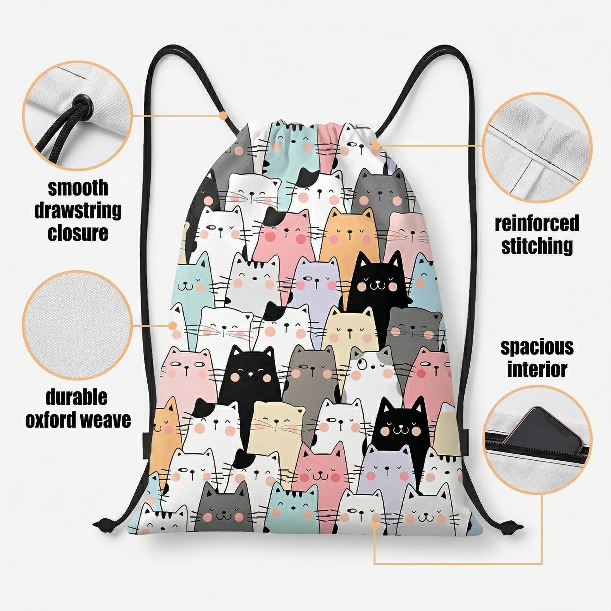AEIXYA Mochila Cuerdas Ajustable, Estampado De Gatito Adorable, Bolsa De Gimnasio, Bolsa Deportiva Para Hombres Y Mujeres, Mochila Deporte Para Deportes, Viajes, Escuela, Playa — view 6
