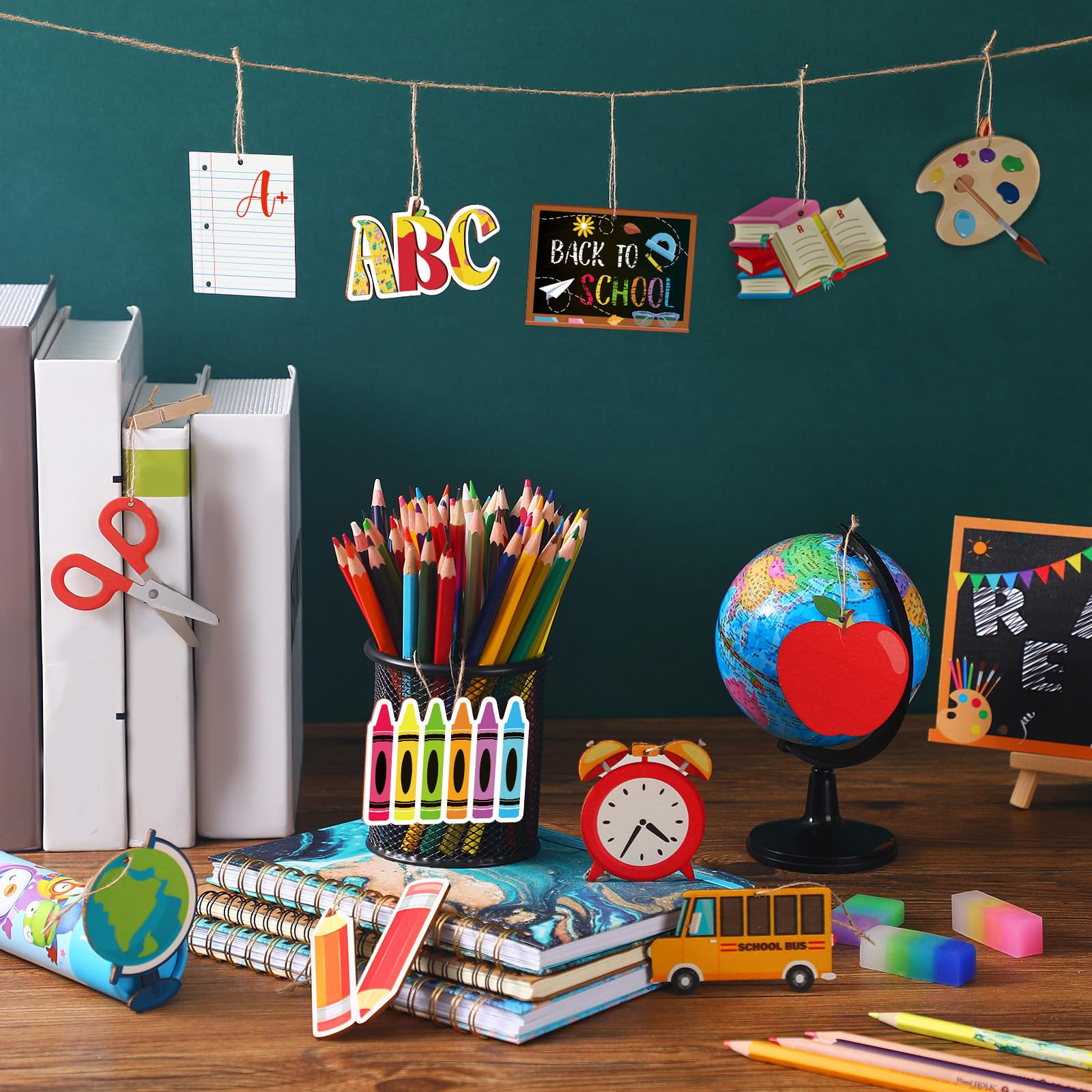 Purpeak 36 Pcs Back to School Hanging Ornaments Wooden Back to School Tree Decorations Book Pencil Bulletin Board Cutouts Wood Pendant Ornament for Tree Classroom Window Party Decor(Cute Style)