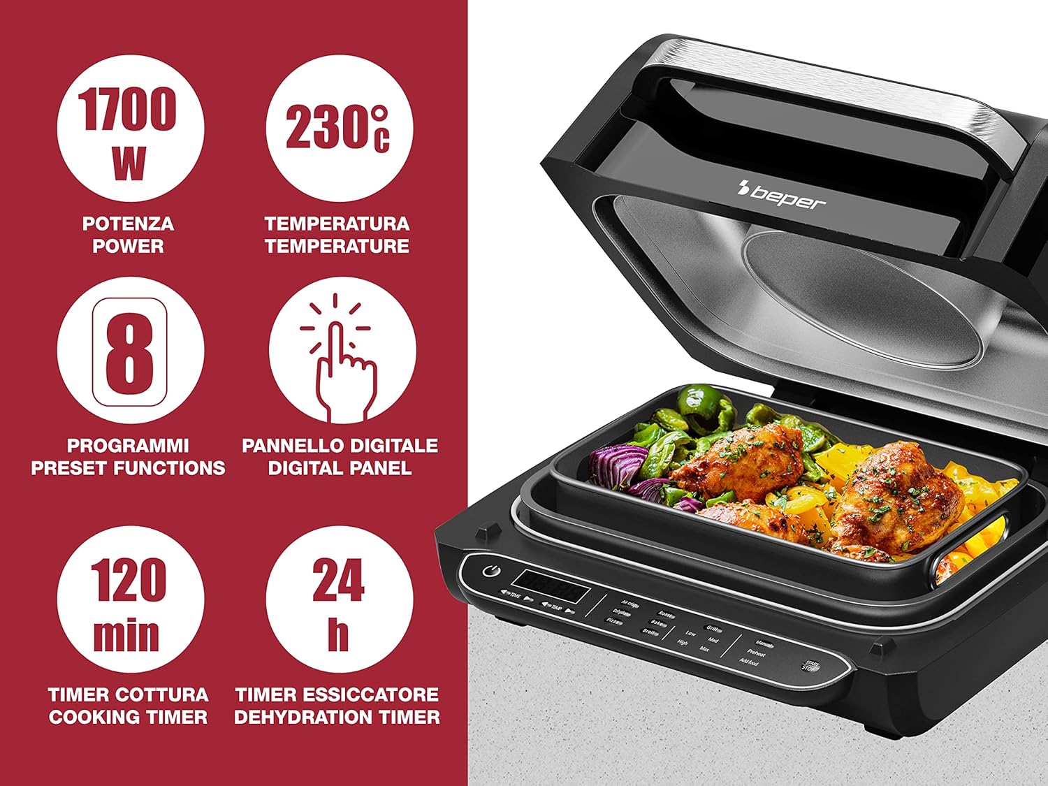 BEPER CUCINOTTO Grill e Friggitrice ad Aria Multifunzione con 8 Programmi - Friggitrice ad Aria, Barbecue, Forno, Piastra Cucina ed Essiccatore + Accessori Inclusi, P101FRI080