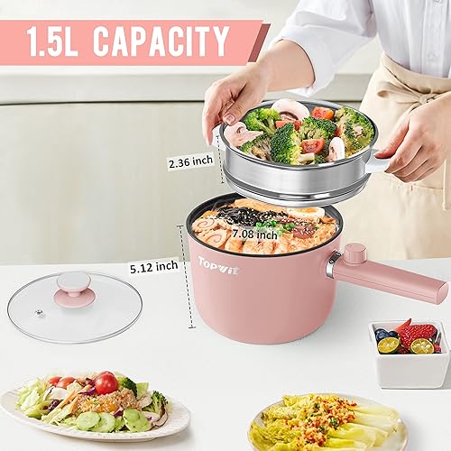 Miniatura 3 de Topwit Olla eléctrica con vapor, olla de ramen de 1.5 L, sartén antiadherente, olla de cocción portátil, cocina eléctrica con doble control de