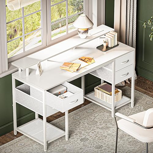 Miniatura 8 de Huuger Escritorio para computadora de 55 pulgadas con 4 cajones, escritorio para juegos con luces LED y tomas de corriente, escritorio de oficina en