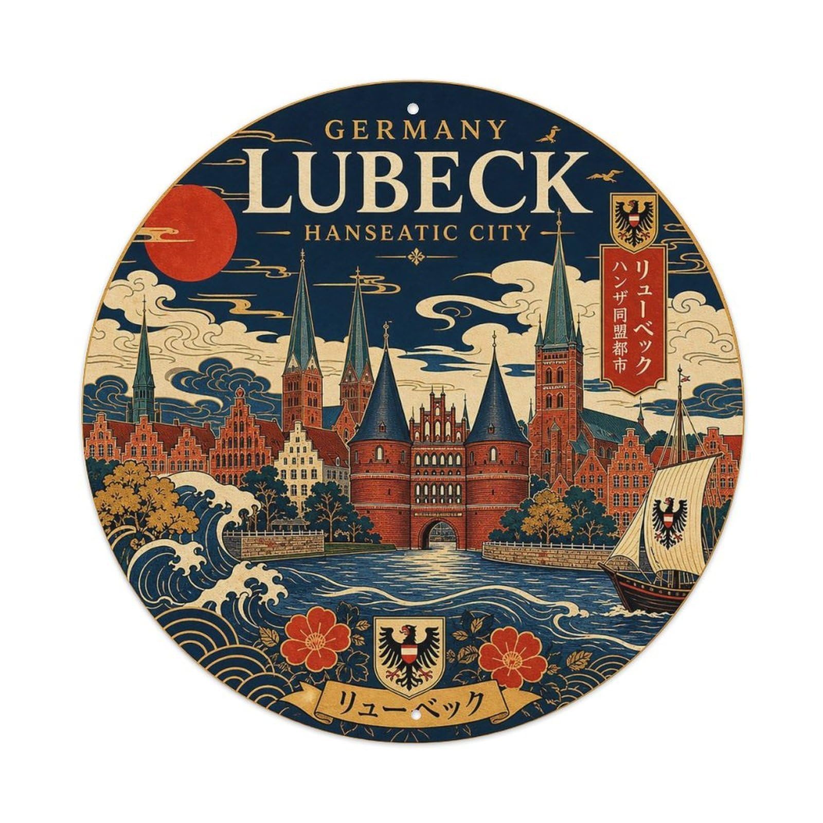 Lubeck Hanseatic City German Woodblock Old Town Travel Metal Tin Sign