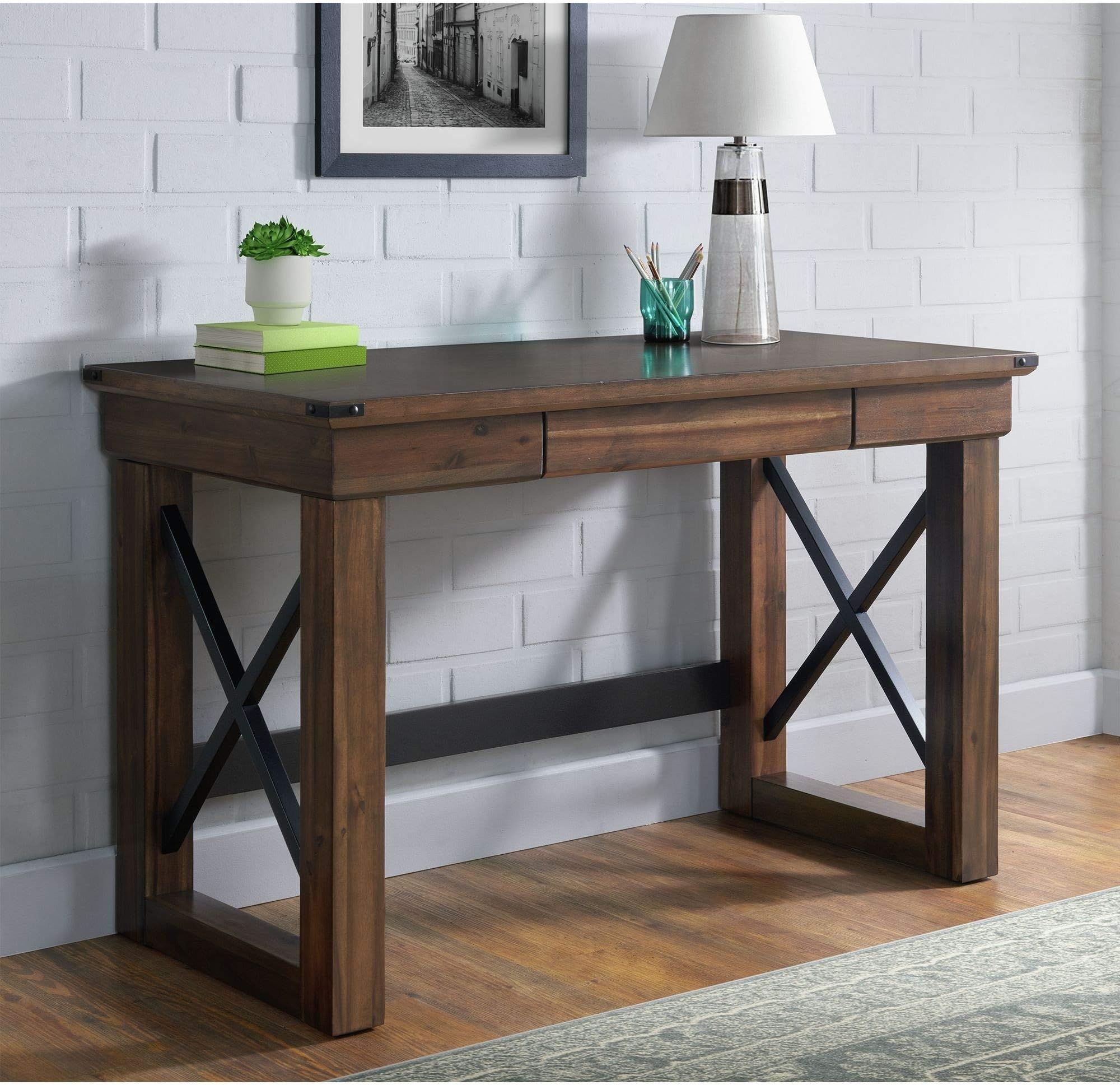 Desk Brown Transitional Rectangular MDF Walnut Finish Includes Hardware