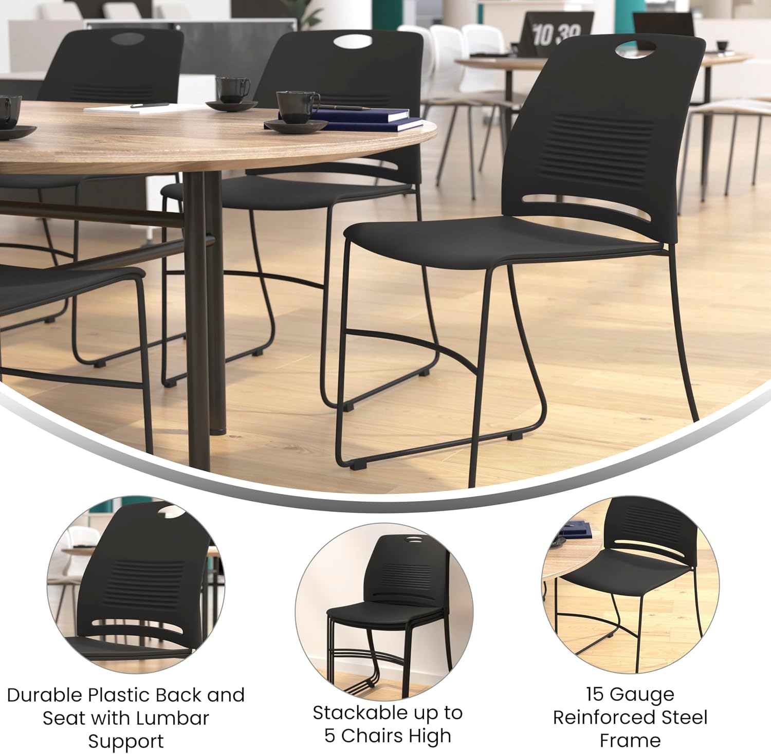 Flash Furniture Hercules Series Commercial Stack Chair - 660 lb. Capacity - Durable Black Perforated Plastic Back - Black Powder Coated Steel Sled Base
