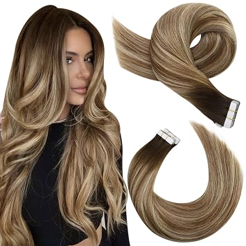 2 Packs 20 Inch Total 40Pieces Tape in Hair Extensions-#4/6/613 Dark Brown to Chestnut Brown with Platinum Blonde Hair Extensions+4/10/16 Dark Brown to Golden Brown with Golden Blonde Hair Extensions