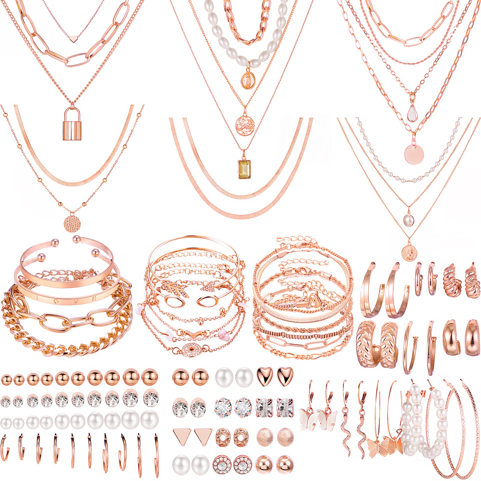 NEWITIN 69 Pieces Rose Gold Jewelry Set for Women Fashion Costume Jewelry Gold Plated Necklace Bracelet Earrings Set for Women