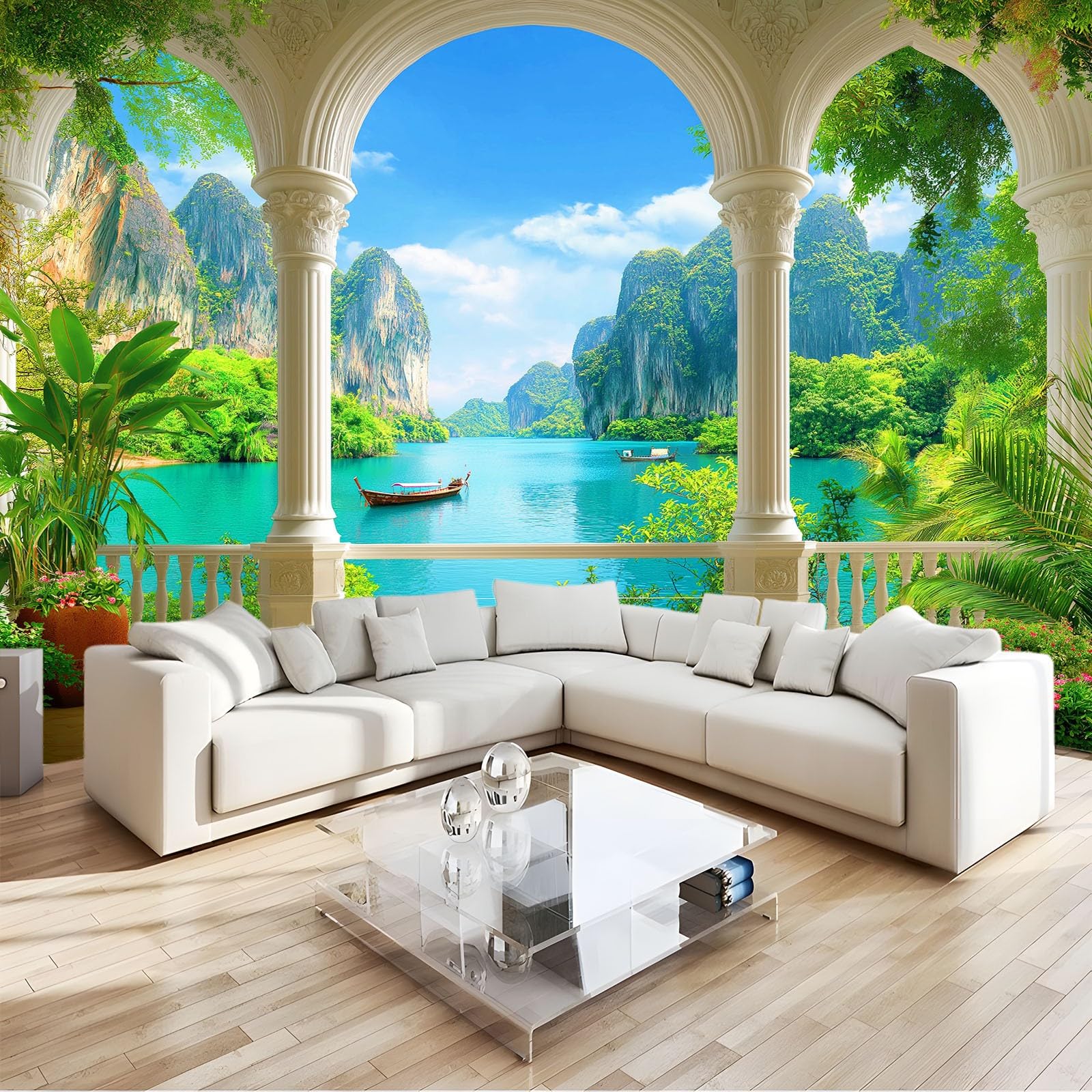 Panoramiczna tapeta w stylu morskim w stylu śródziemnomorskim, natura, krajobraz, 250 x 175 cm, olbrzymi plakat ścienny z włókniny, efekt 3D Trompe l'oko, dekoracja do salonu, pokoju dziecięcego i